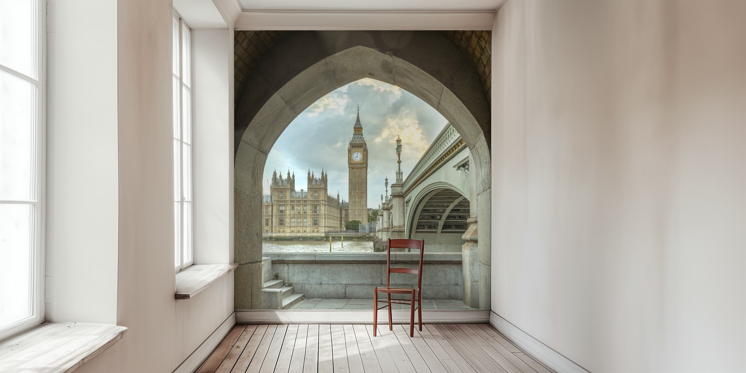 Big Ben gesehen durch ein Wandgemälde mit Torbogen