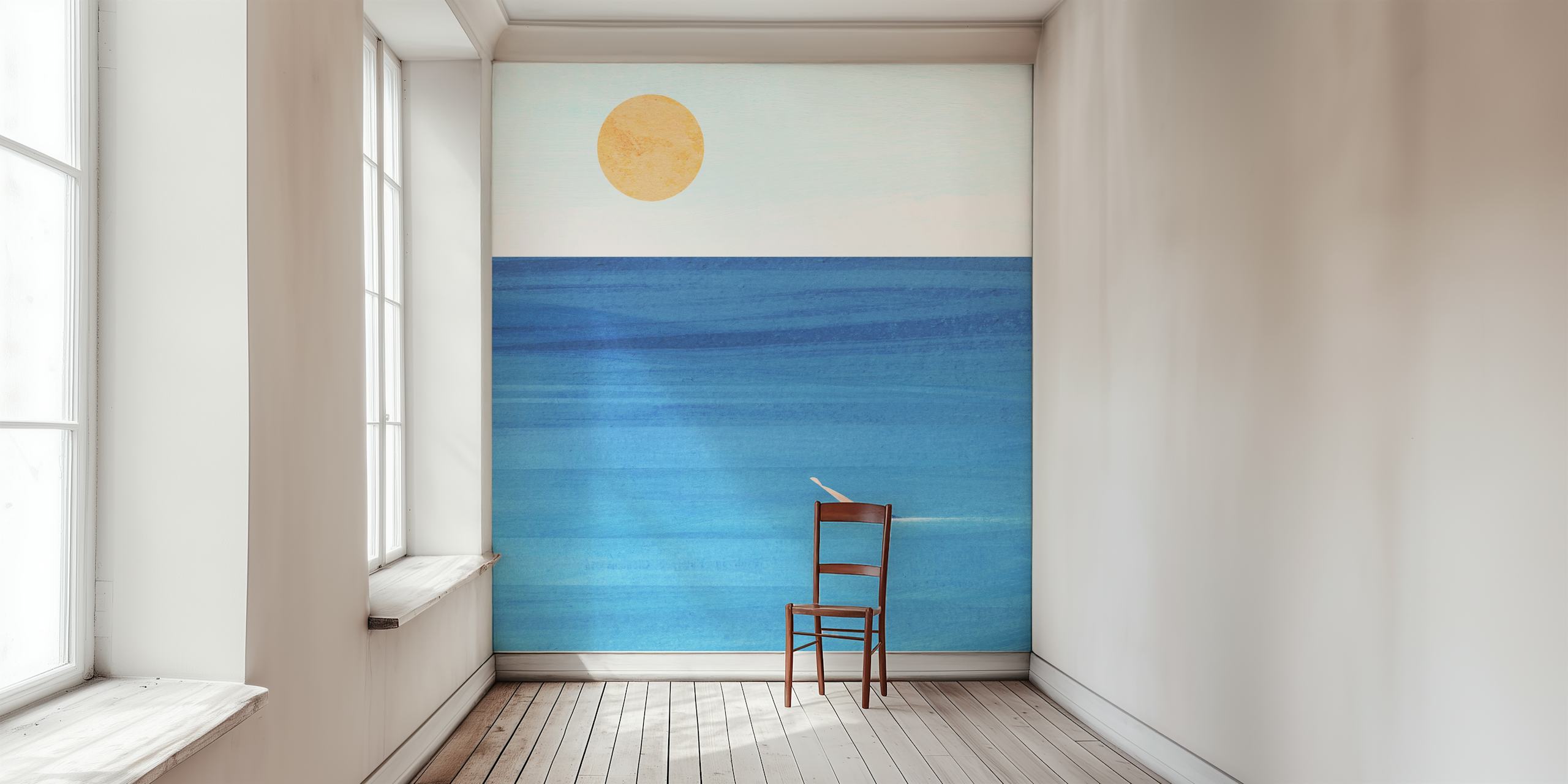 Minimalist seascape wall mural with blue waves, golden sun, and a solitary swimmer