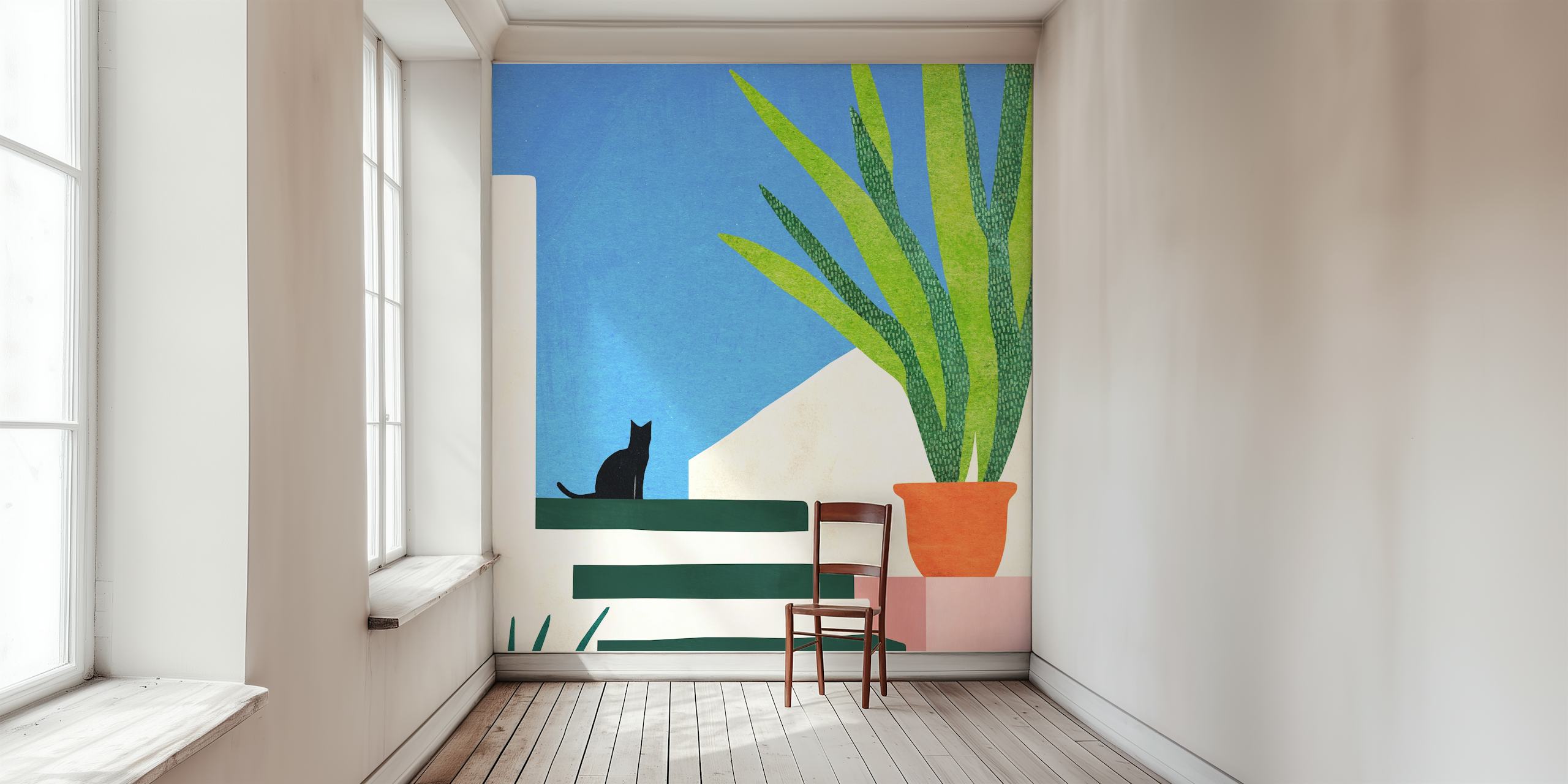 Zwart kat met groene plant en witte muren, strakke stijl wallpaper