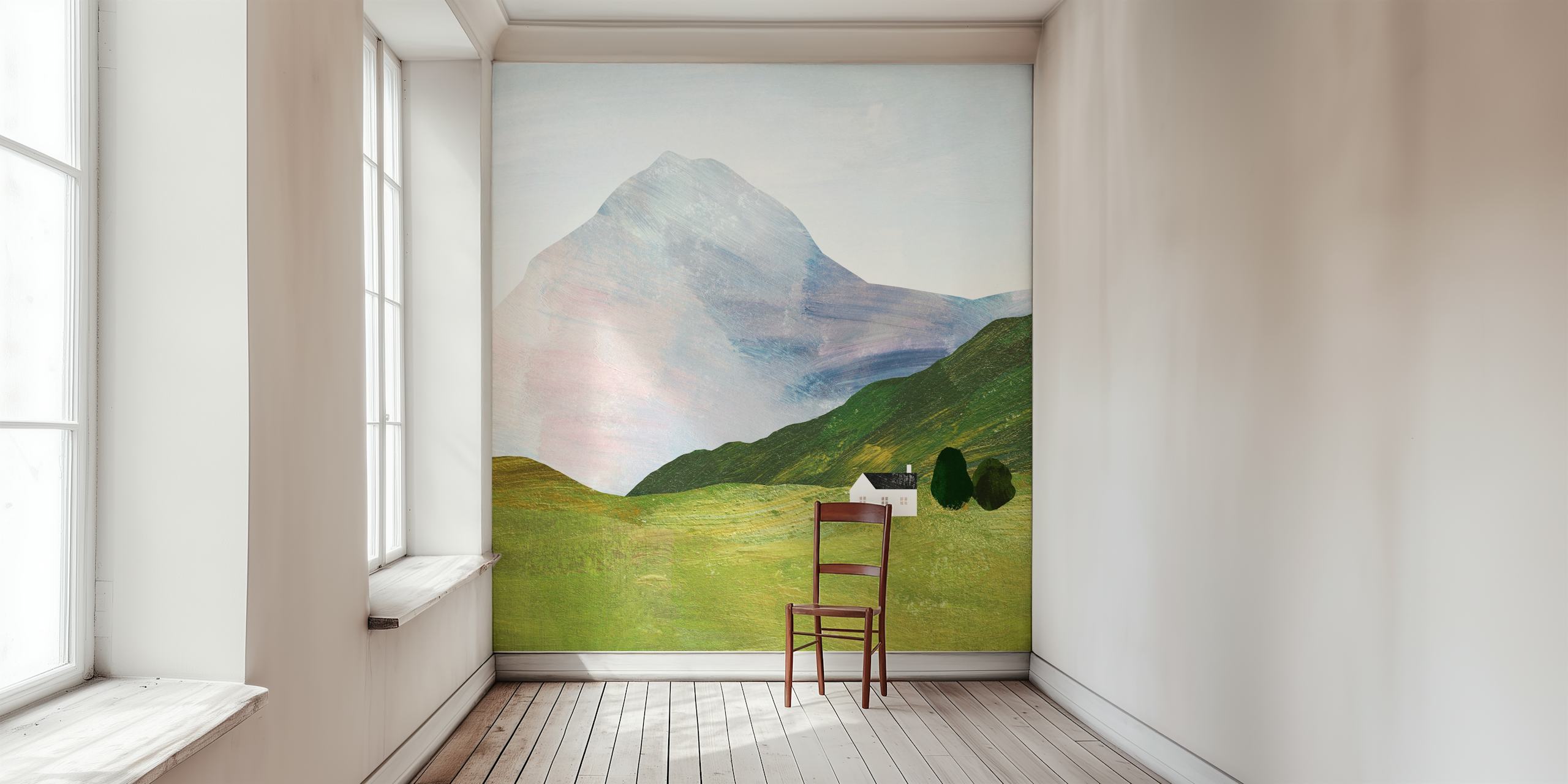 Mountain landscape featuring soft colors and a cabin wallpaper