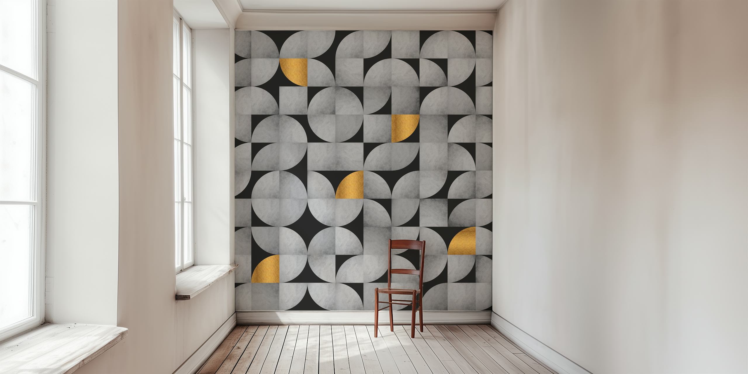Mid-century concrete and gold wallpaper in a room