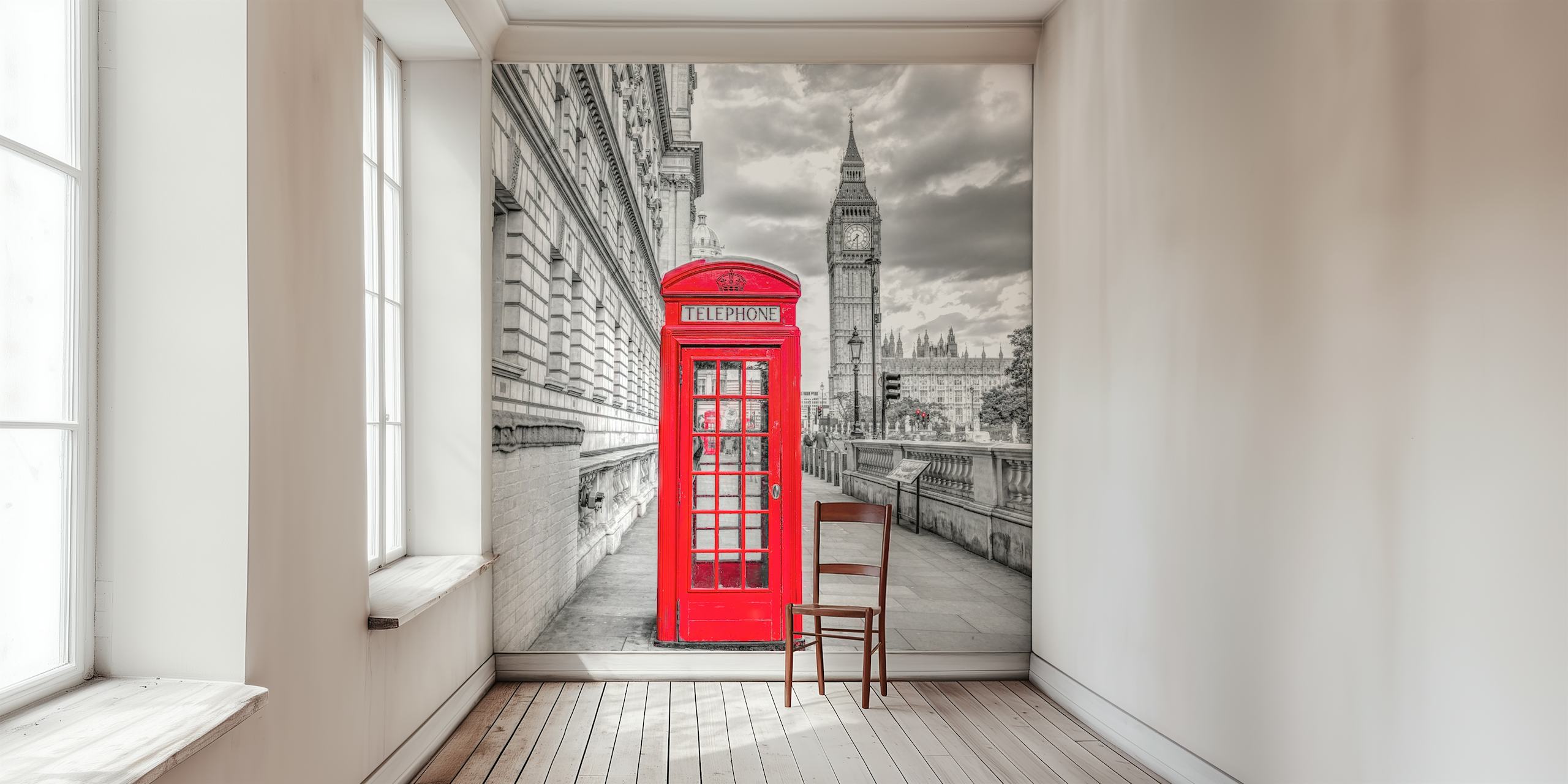 Klassisk rød britisk telefonboks foran Big Ben