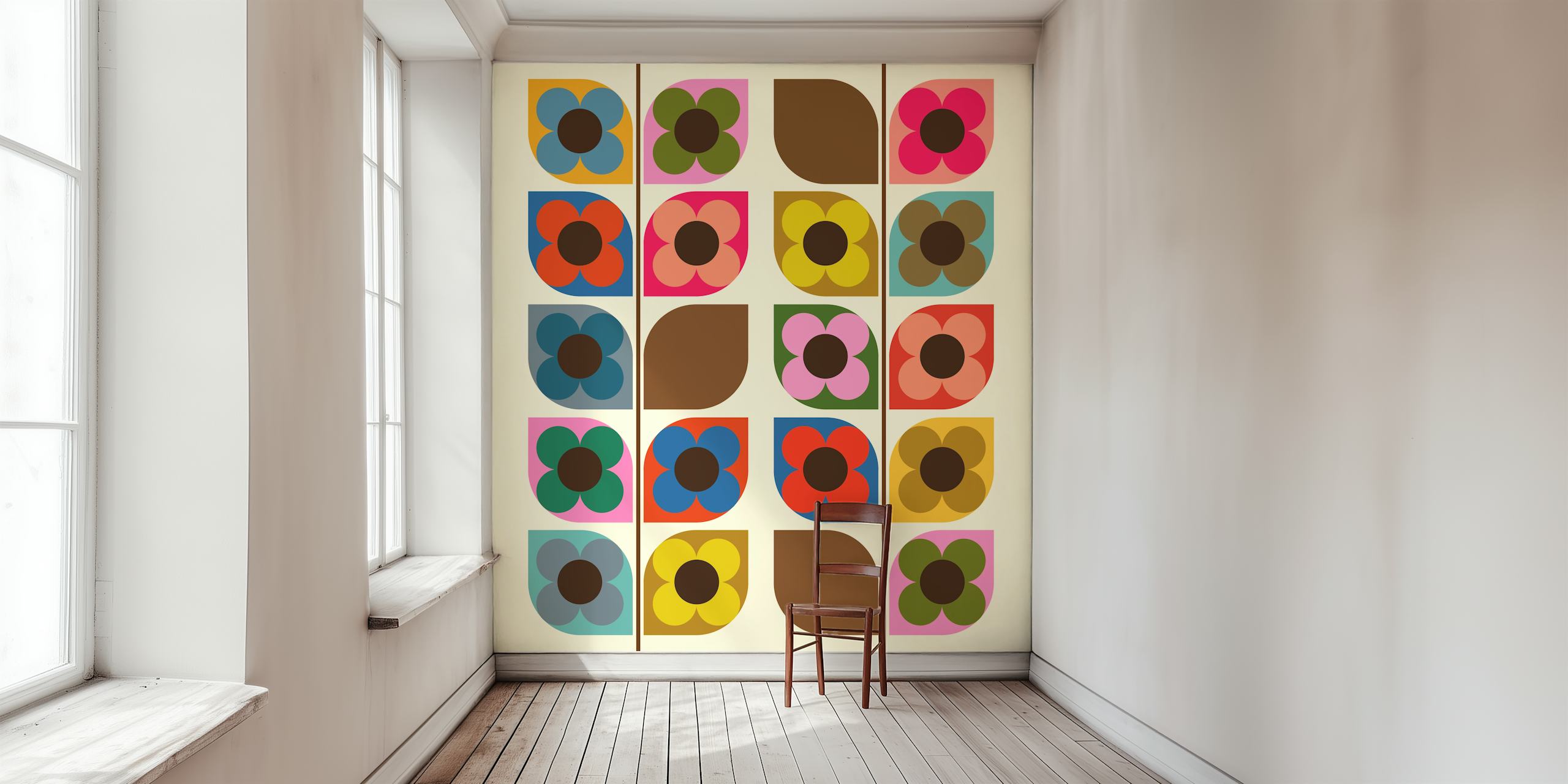 Mural de pared floral colorido llamado Bloom Vine con una estética de diseño retro