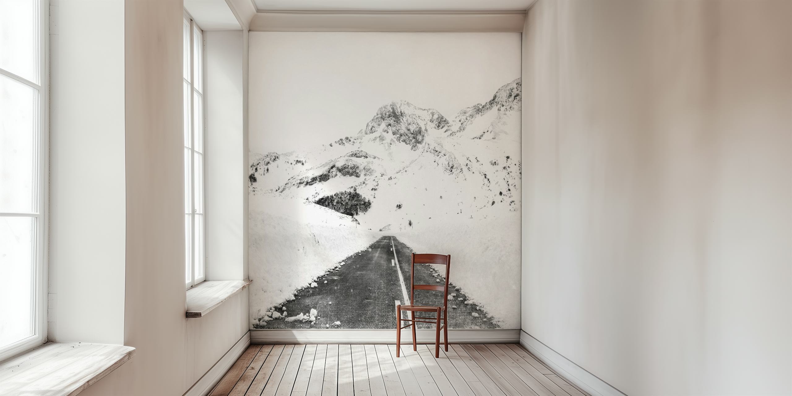 Black and white snowy mountains with a road wallpaper