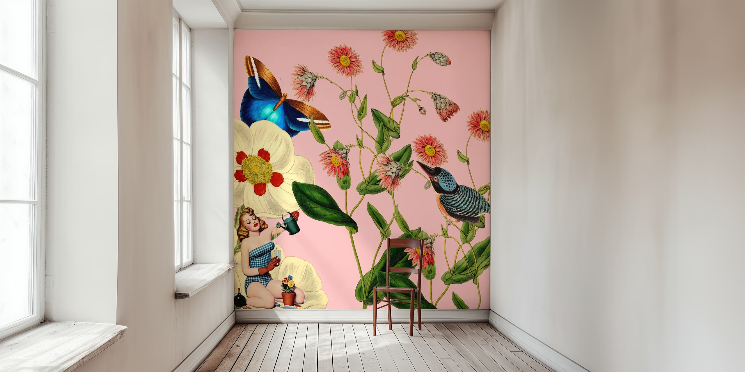 Roze bloemen en vlinders illustratie wandbehang