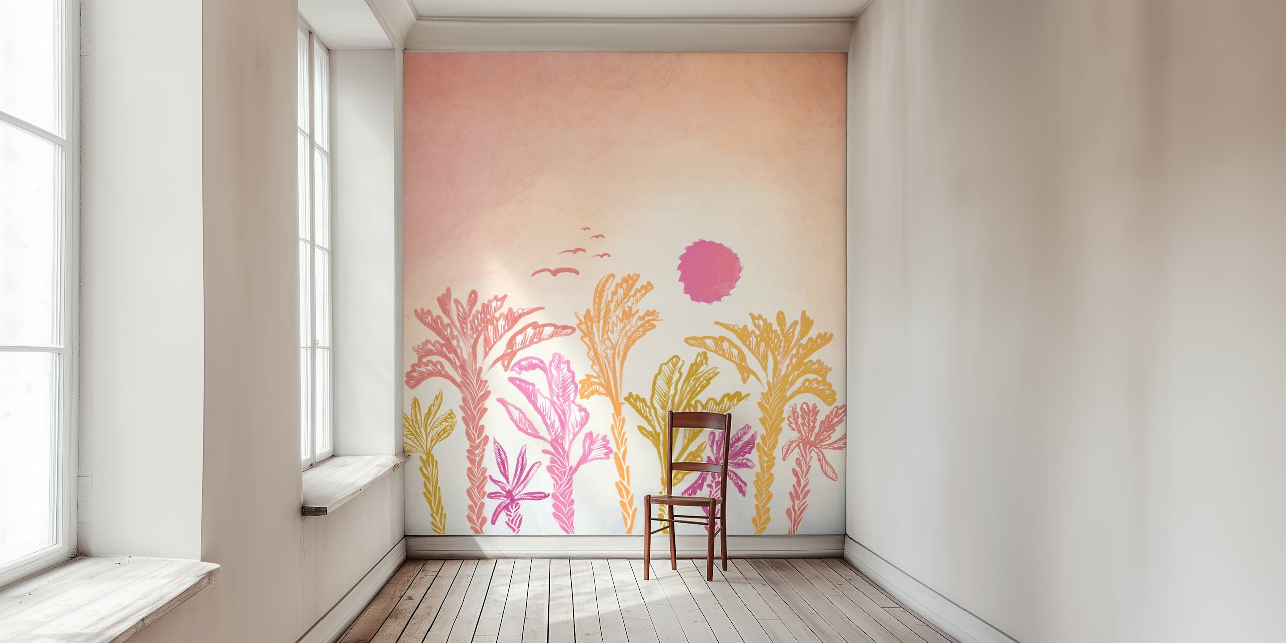 Tropical palm trees in sunset hues of pink, orange, and yellow wallpaper