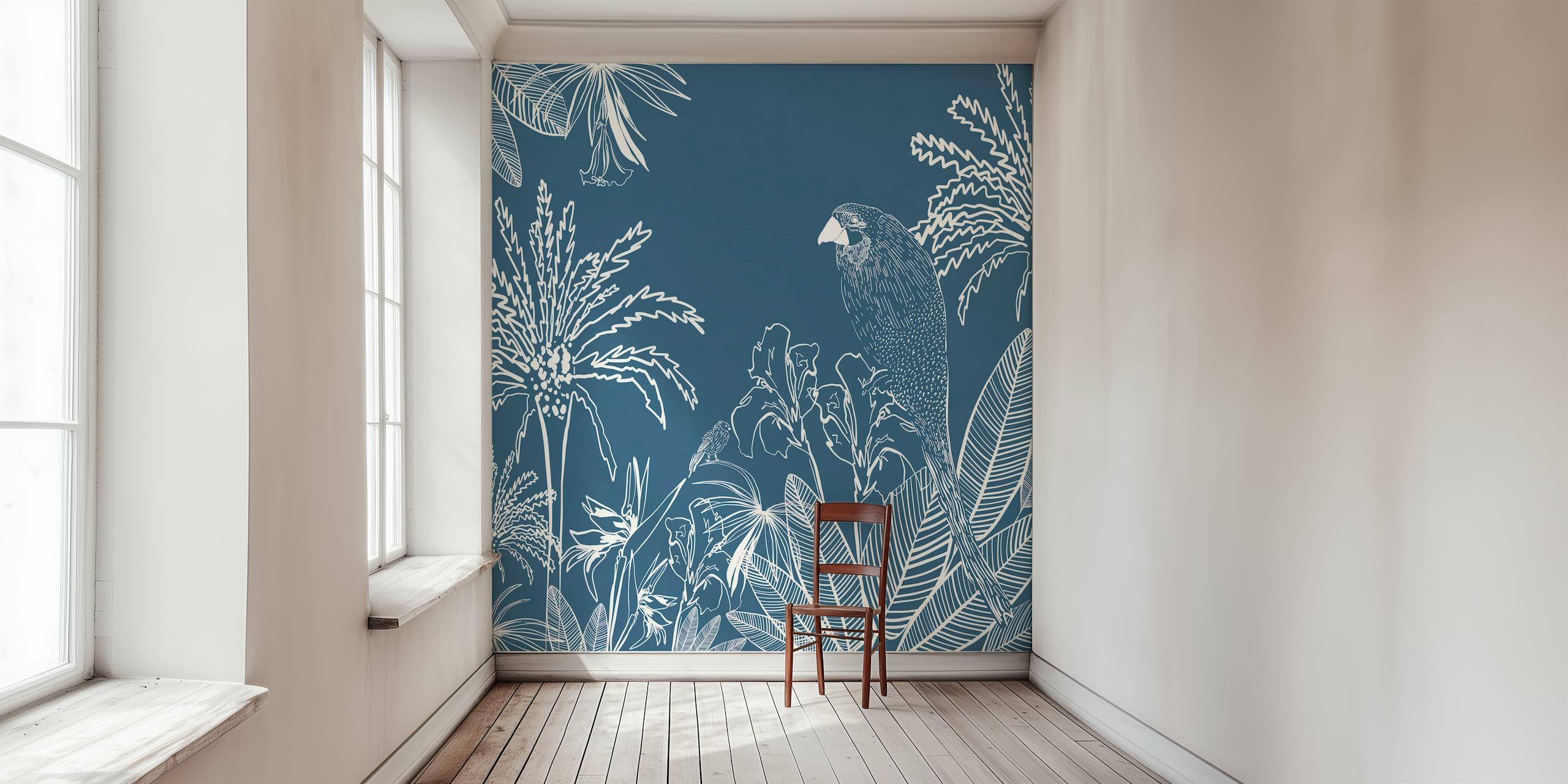 Tropisch Macaw-vogelsilhouet op donkerblauwe achtergrond met ingewikkelde botanische details.