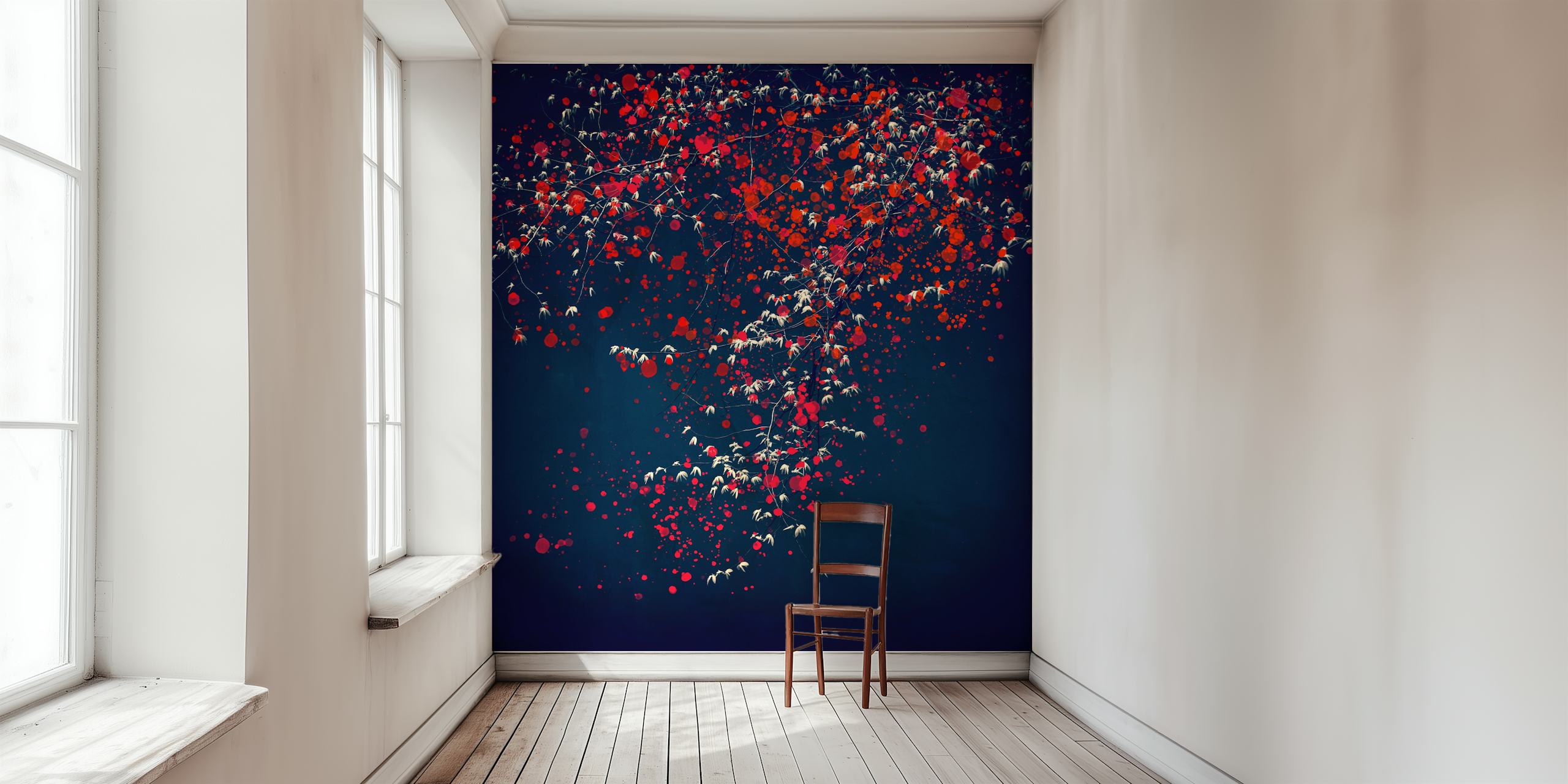 Abstract wall mural of a tree with red and white blossoms against a dark blue background