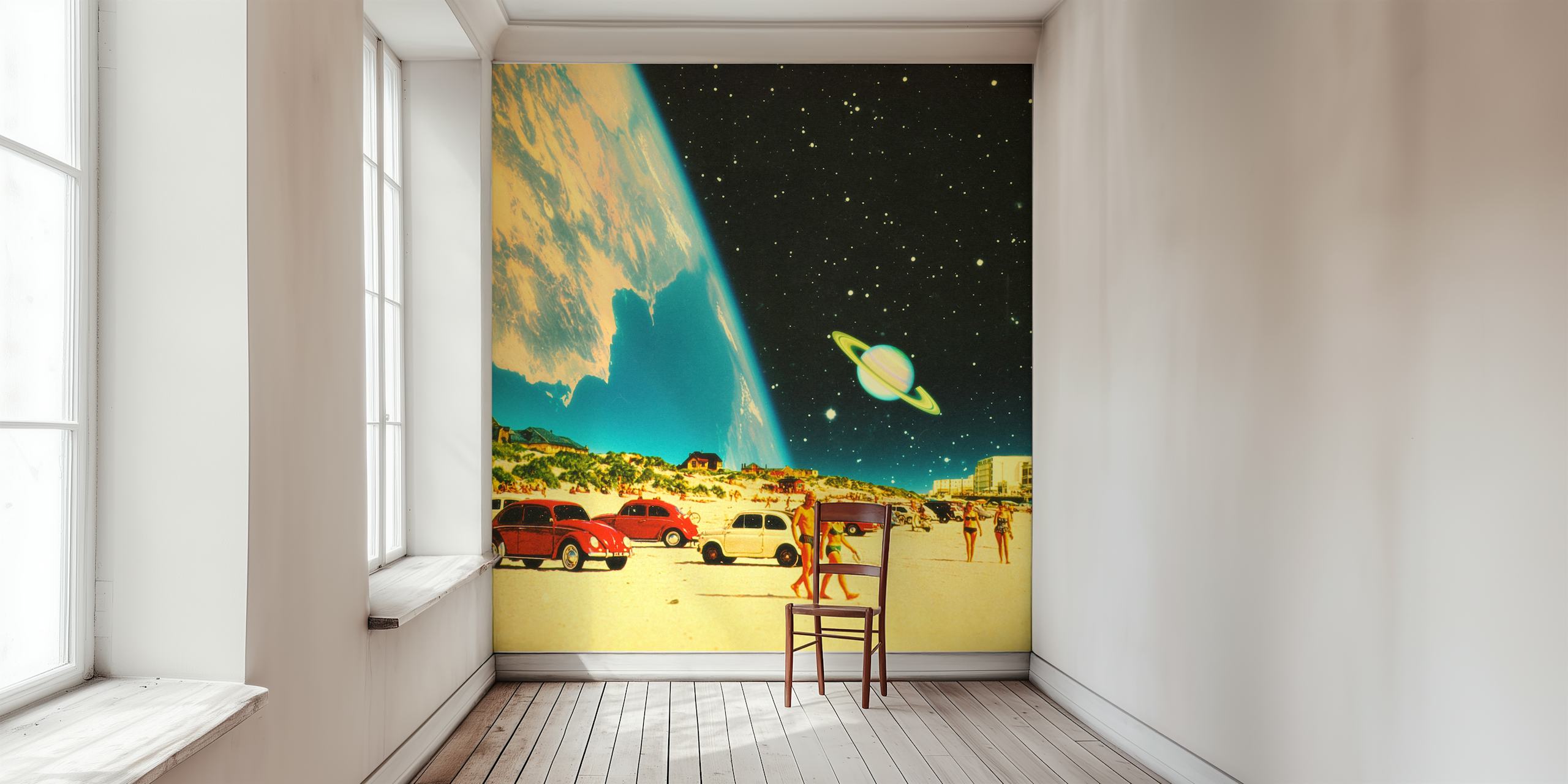 A surreal beach scene with vintage cars, sunbathers, and a cosmic sky with stars and a planet.