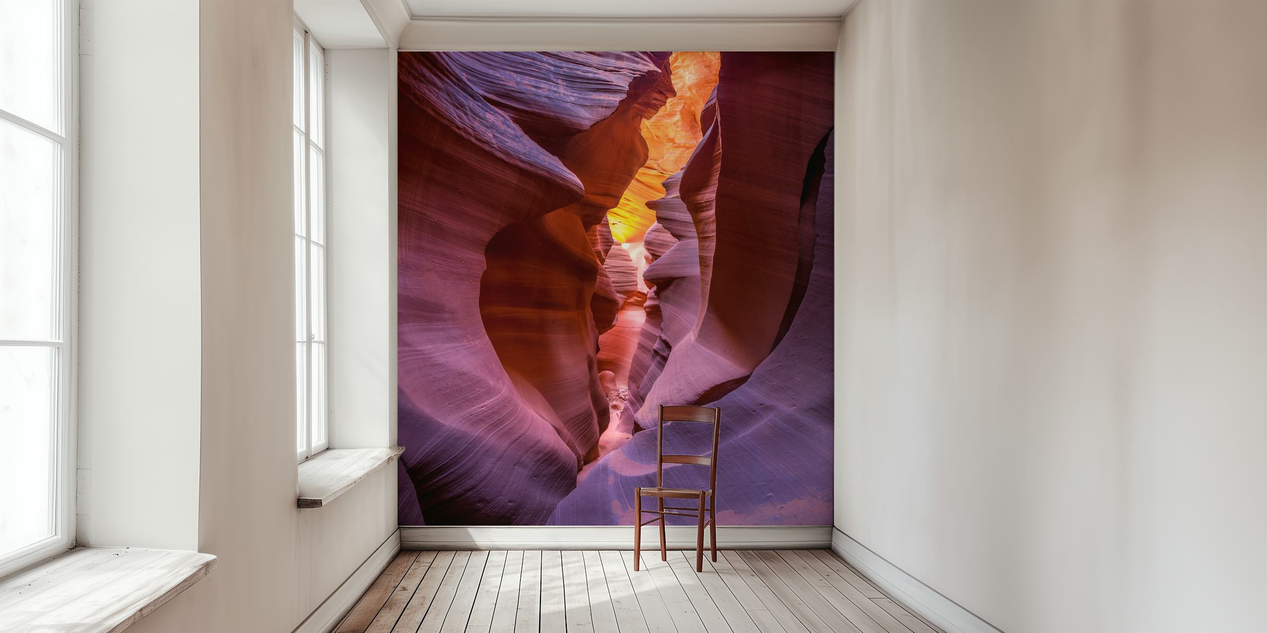 Canyon wall mural with sunlight creating a fire-like glow on rock formations
