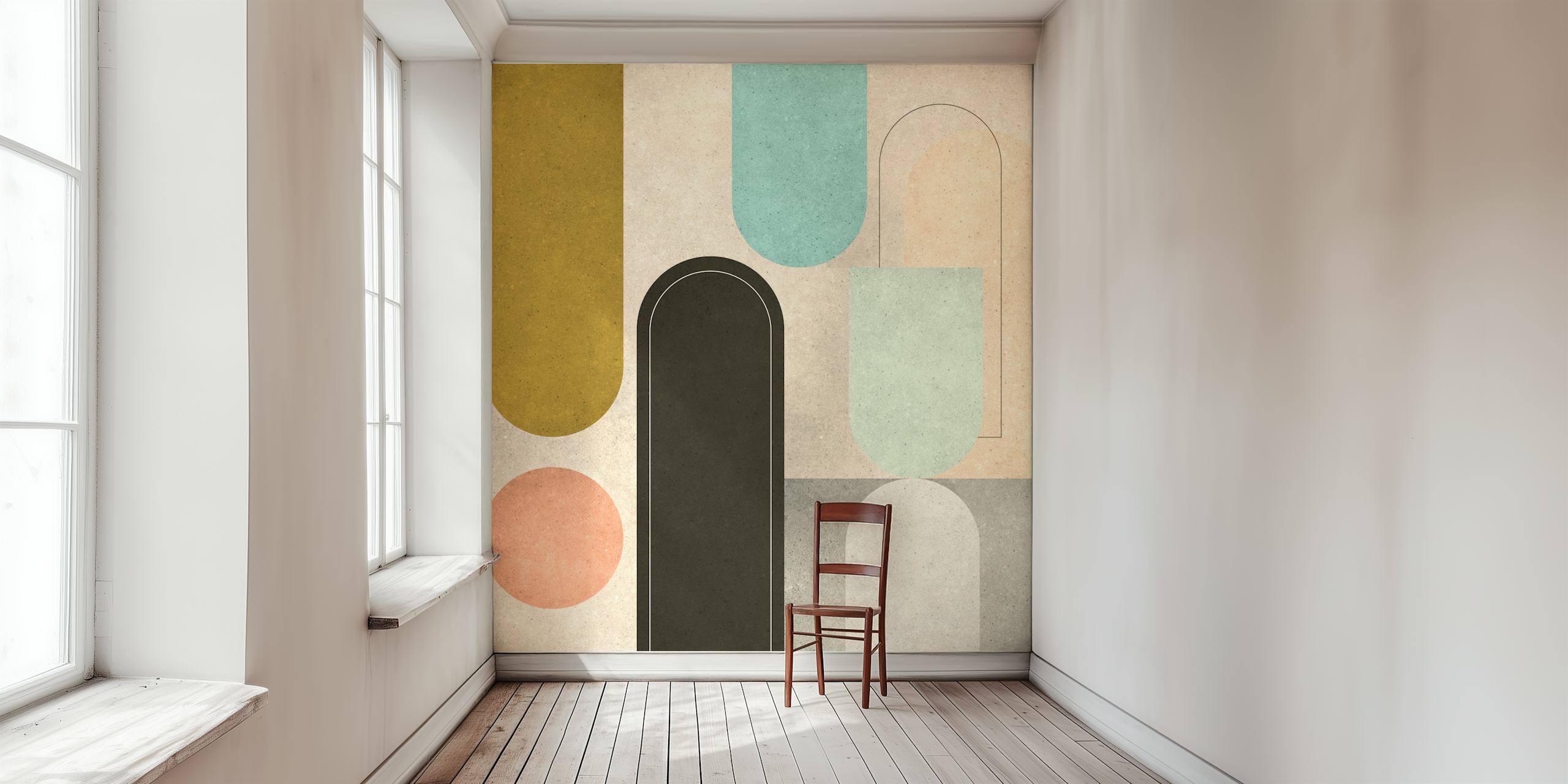 Papier peint mural géométrique avec formes arrondies et couleurs pastel.