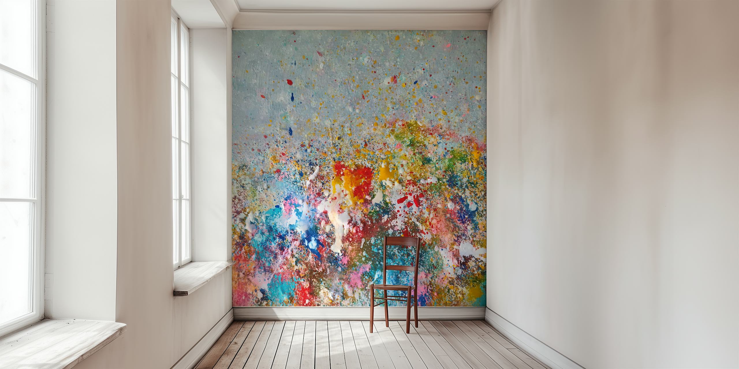 Colorful ink splashes in blue, pink, yellow, and green abstract wallpaper