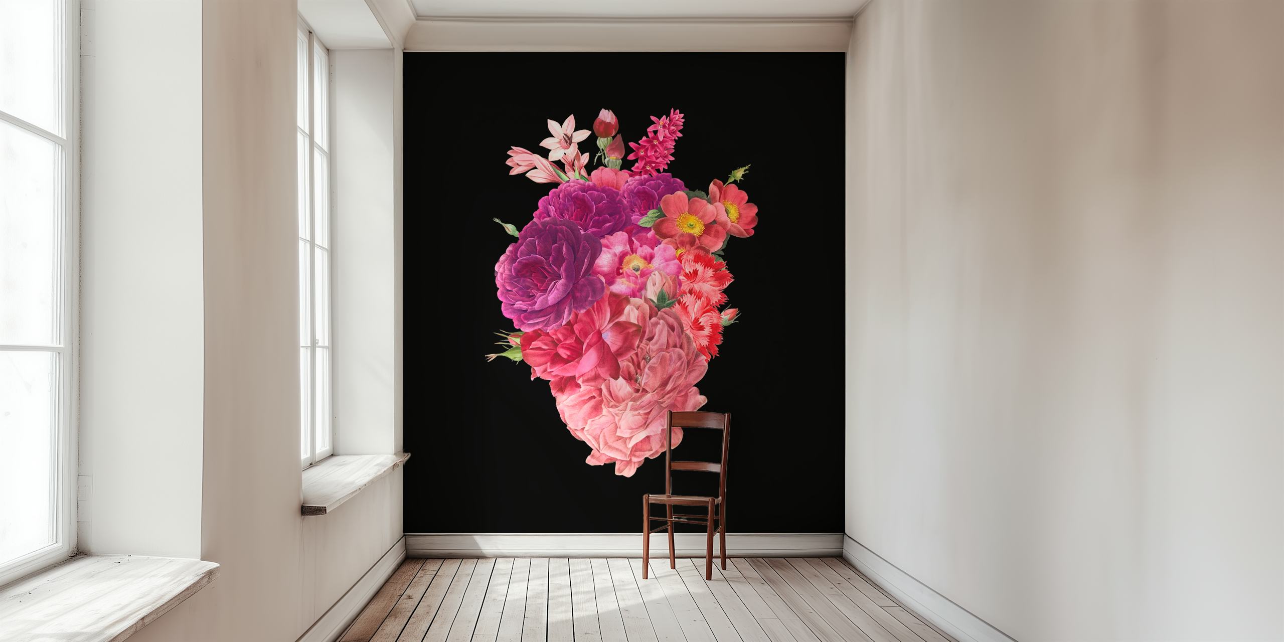 Heart-shaped floral arrangement with pink flowers on black wallpaper