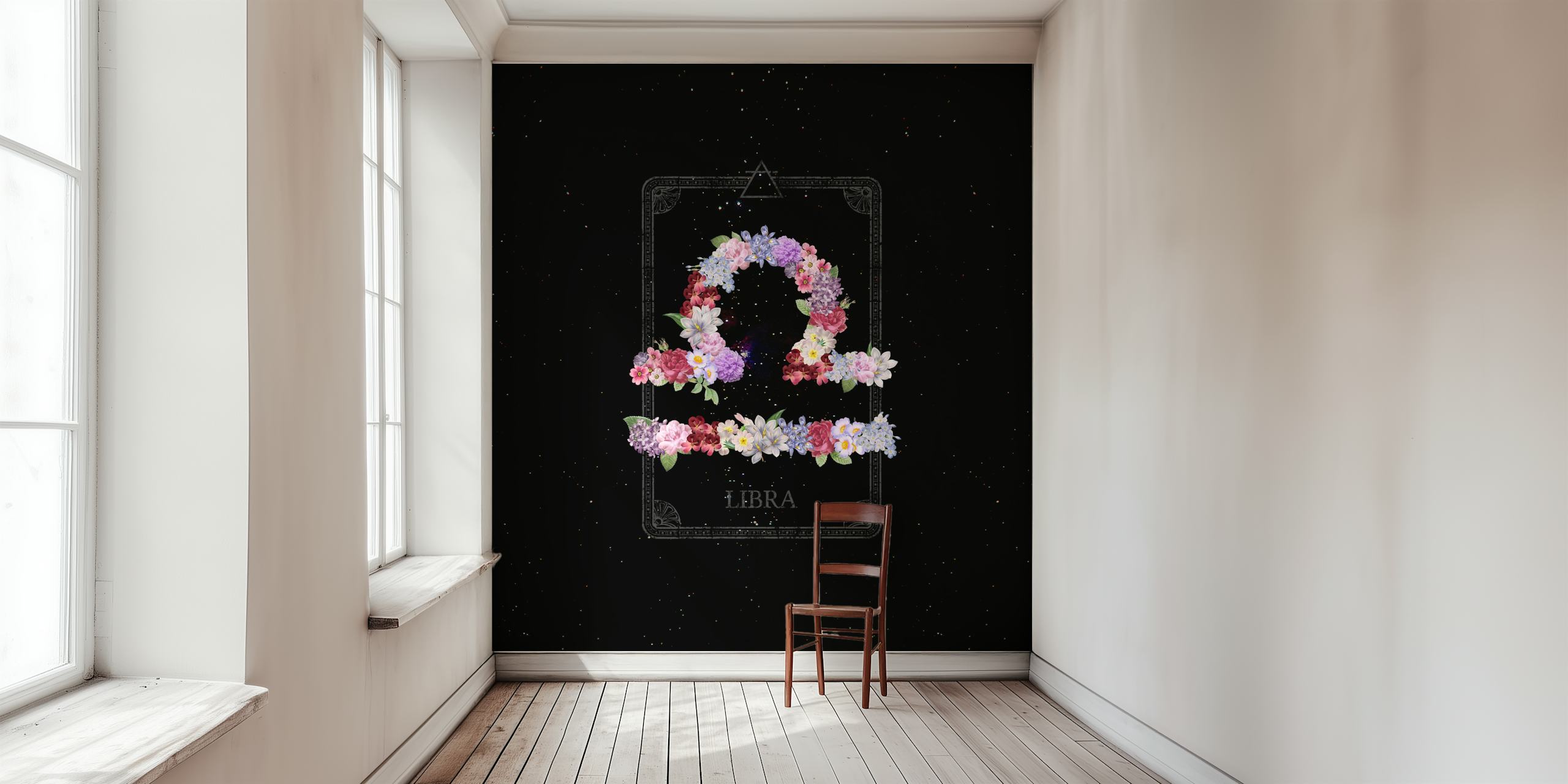Floral Libra zodiac sign design with vibrant flowers on a black background wallpaper