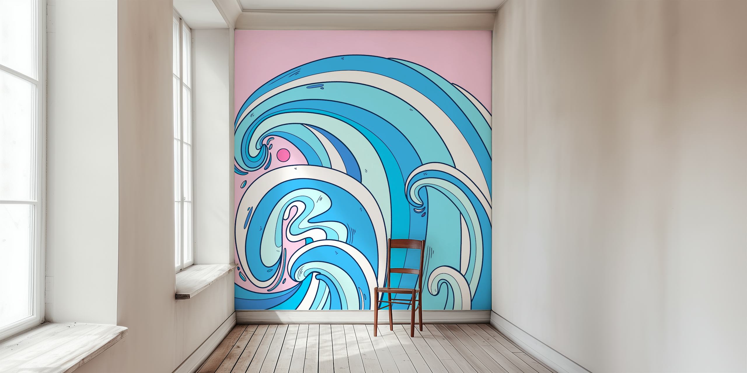 Artistic illustration of rolling ocean waves in blue with pink highlights wall mural