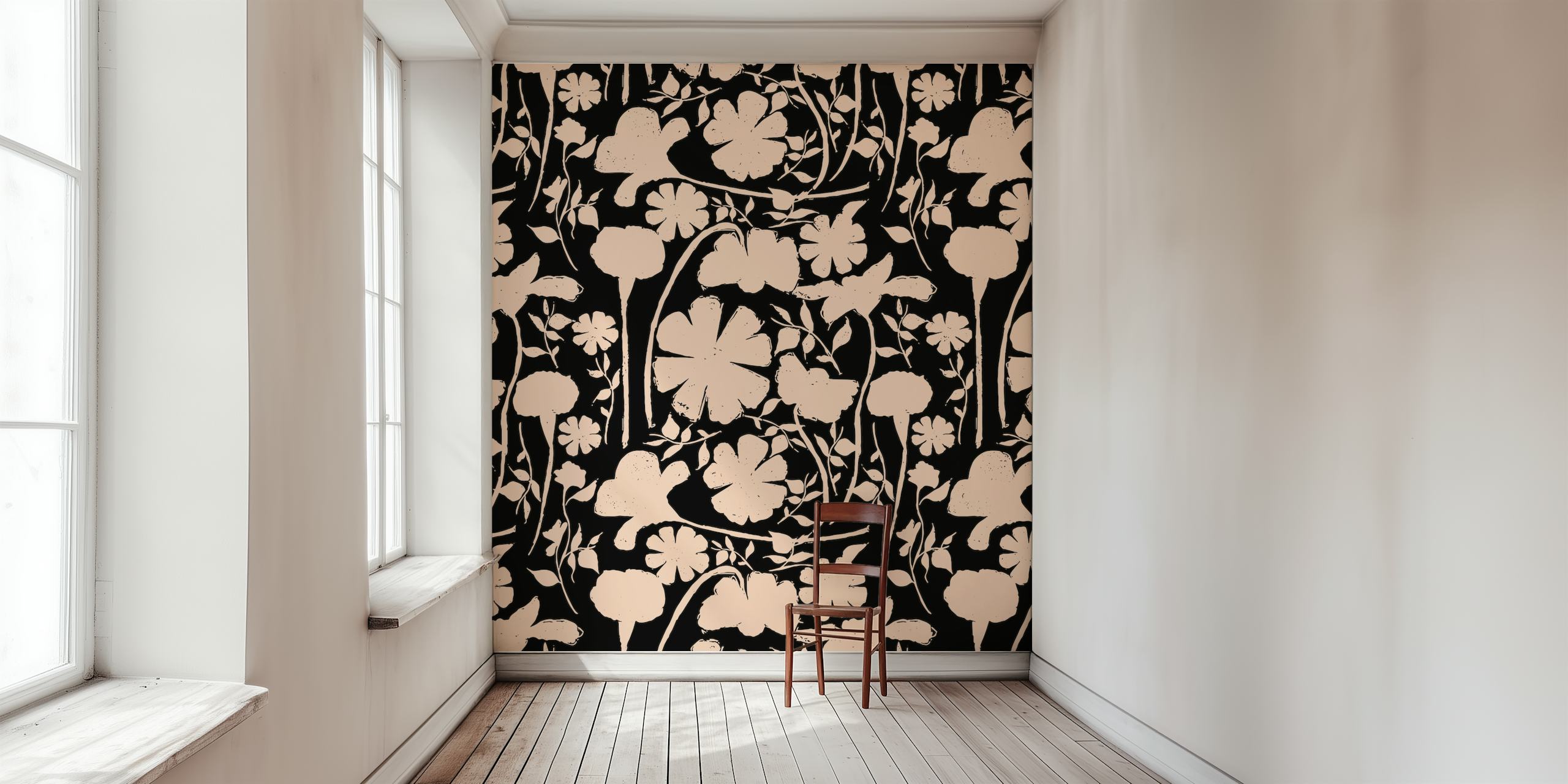 Floral motifs in soft mocha on black background wallpaper