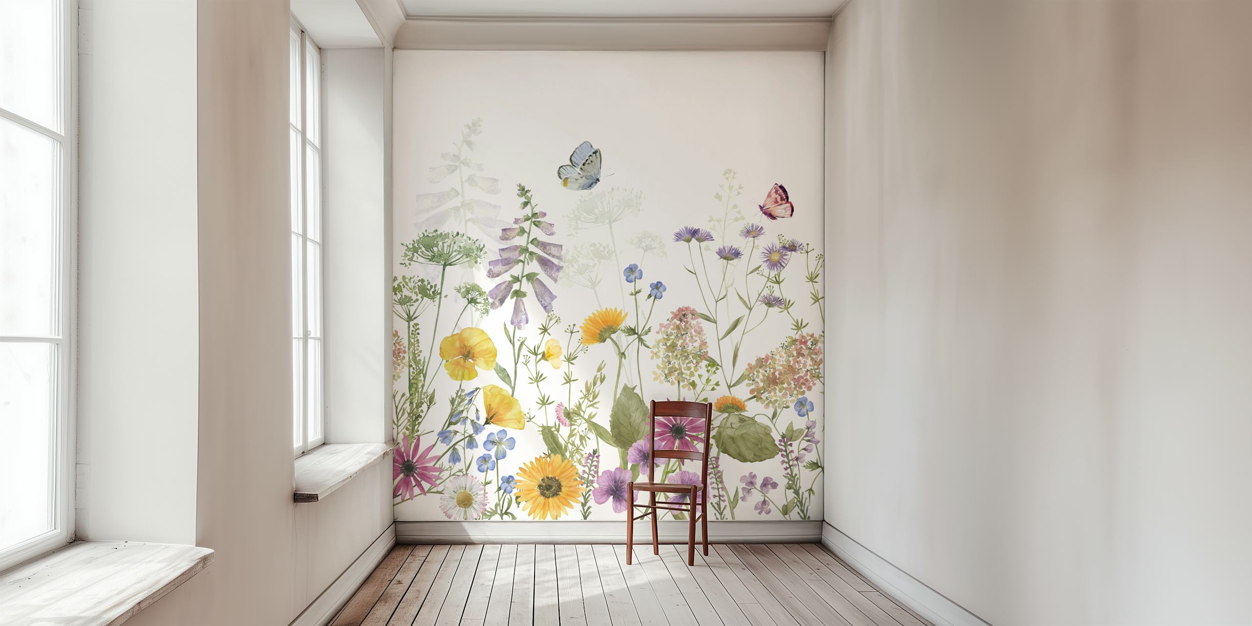 Bunte Blumenwiese mit verschiedenen Wildblumen und Schmetterlingen, watercolor Stil Wallpaper