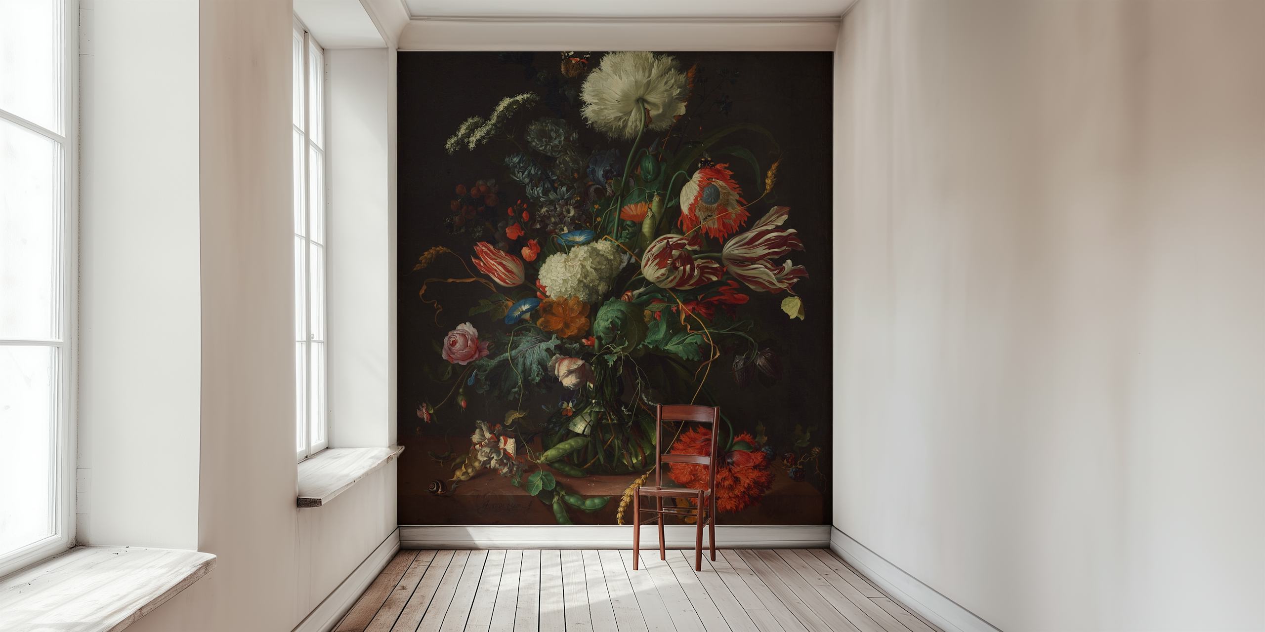 Colorful bouquet of flowers in a vase on dark background wallpaper