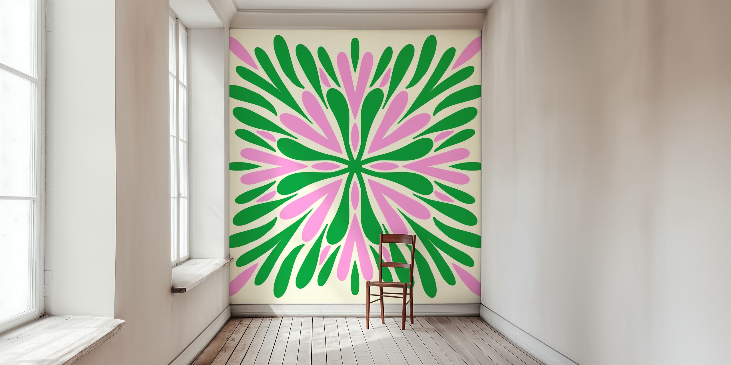 Floral design with pink and green petals wallpaper