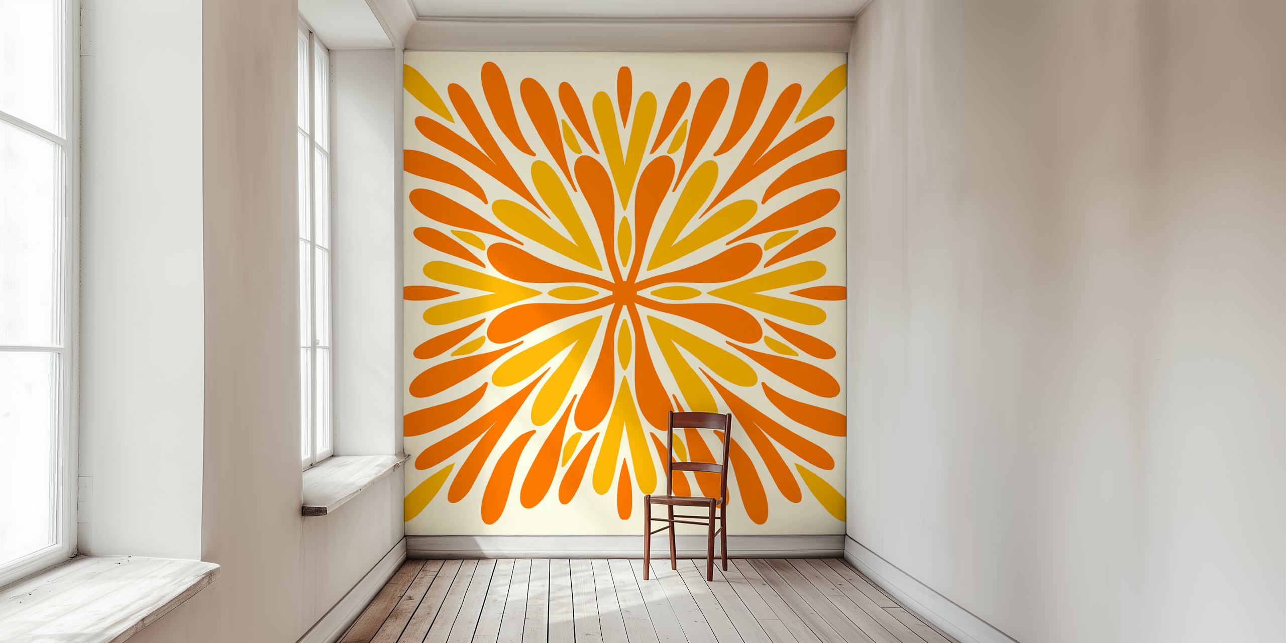 Abstract modern symmetry petals wall mural in orange and yellow