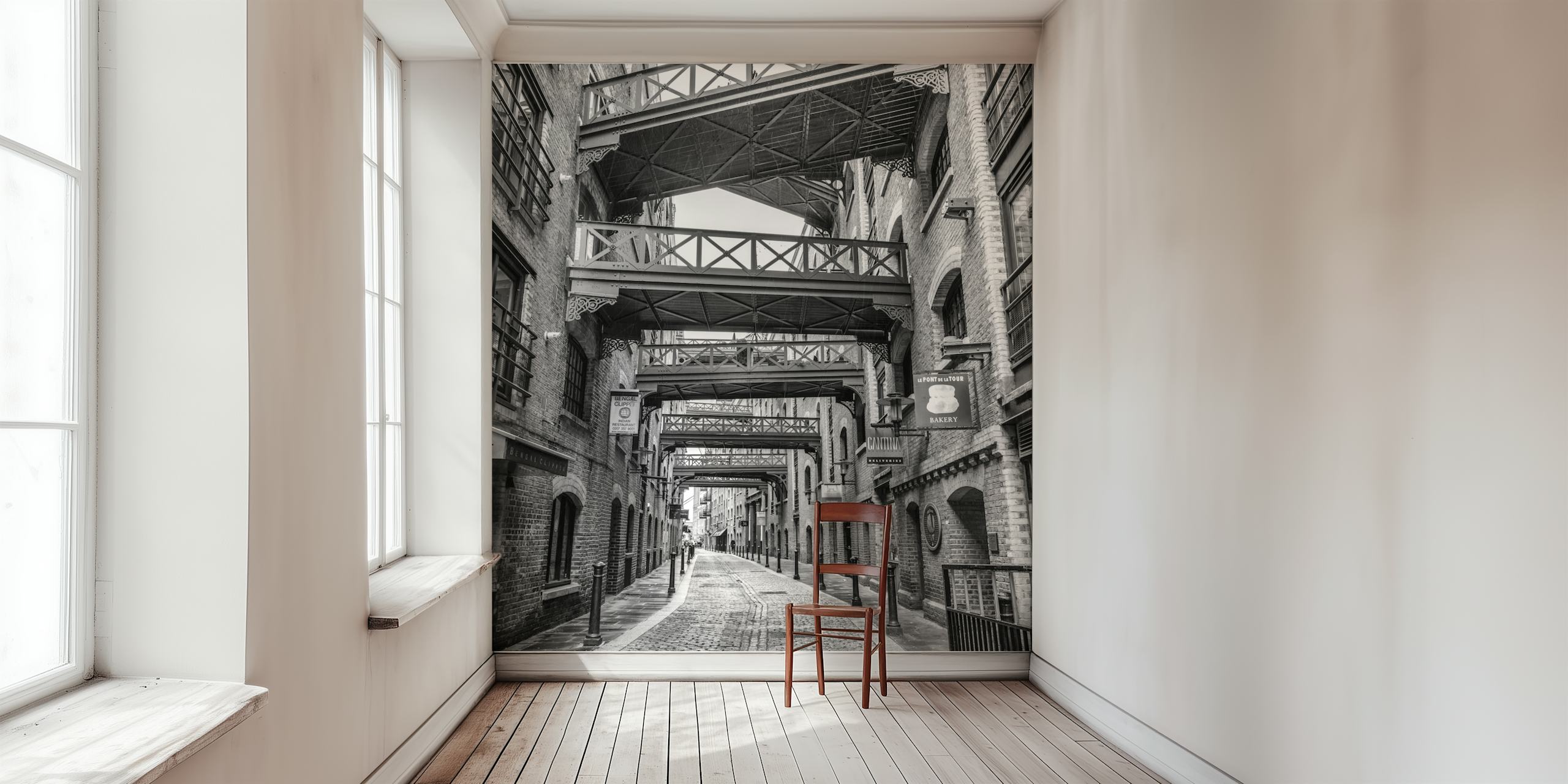 Cobbled street wallpaper featuring a black and white photography style with textured buildings