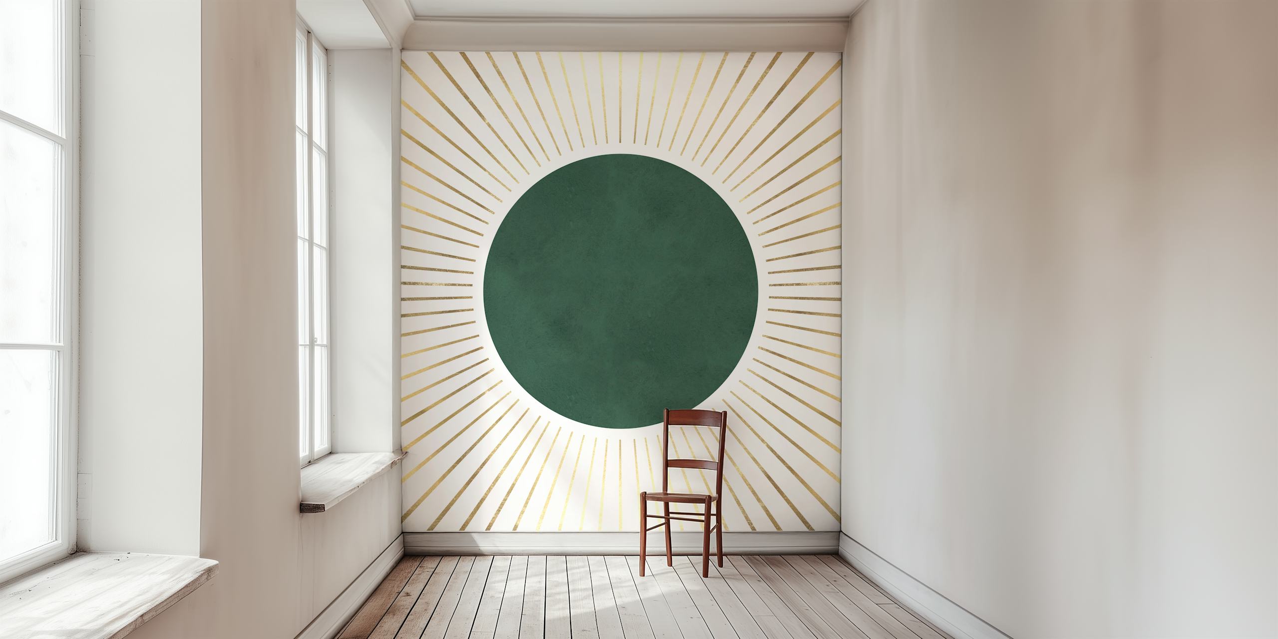 Wall mural of a green circle center with golden sunbeams radiating outwards on a neutral background