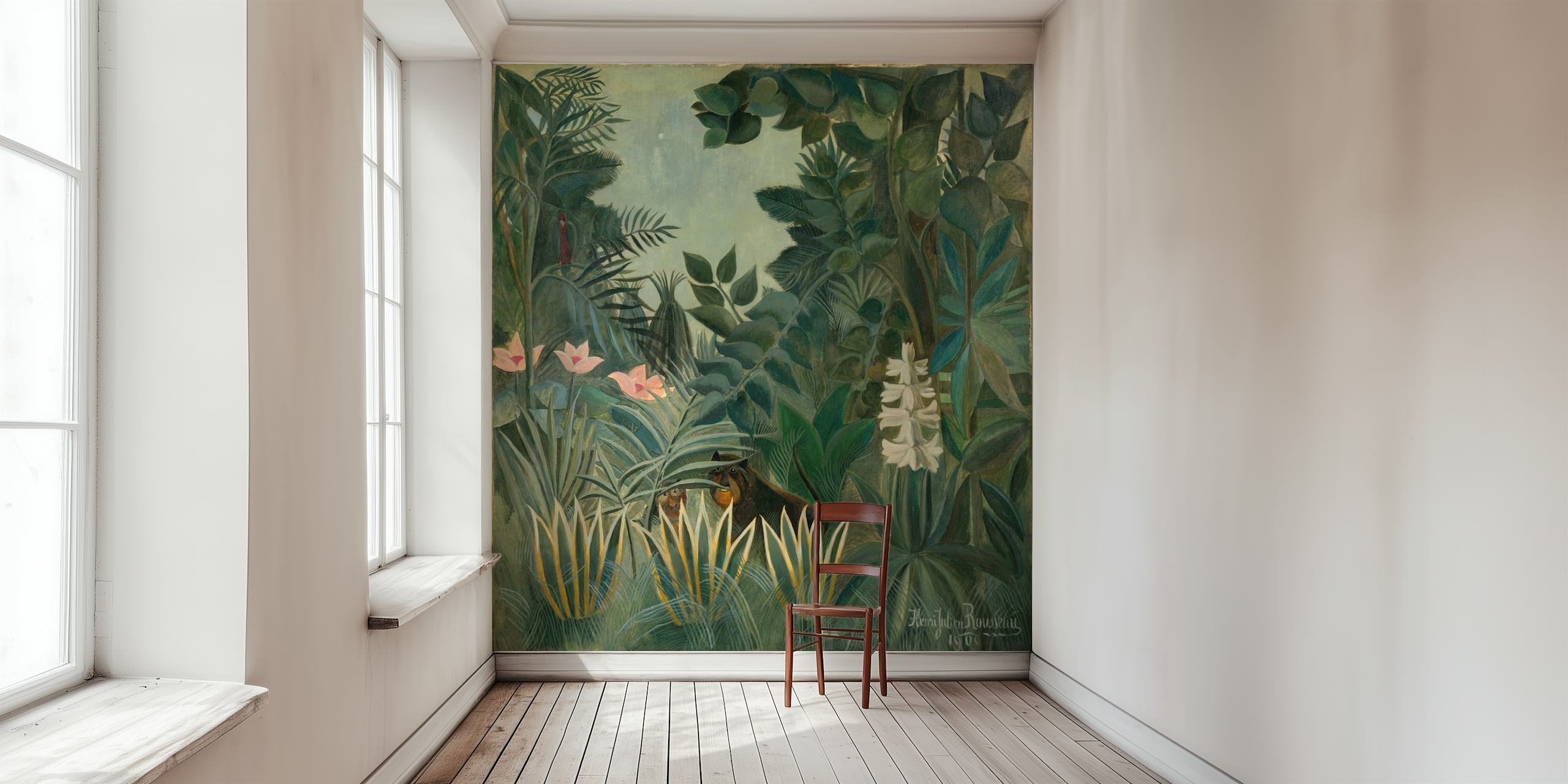 Tropical jungle foliage with pink flowers and green leaves wallpaper