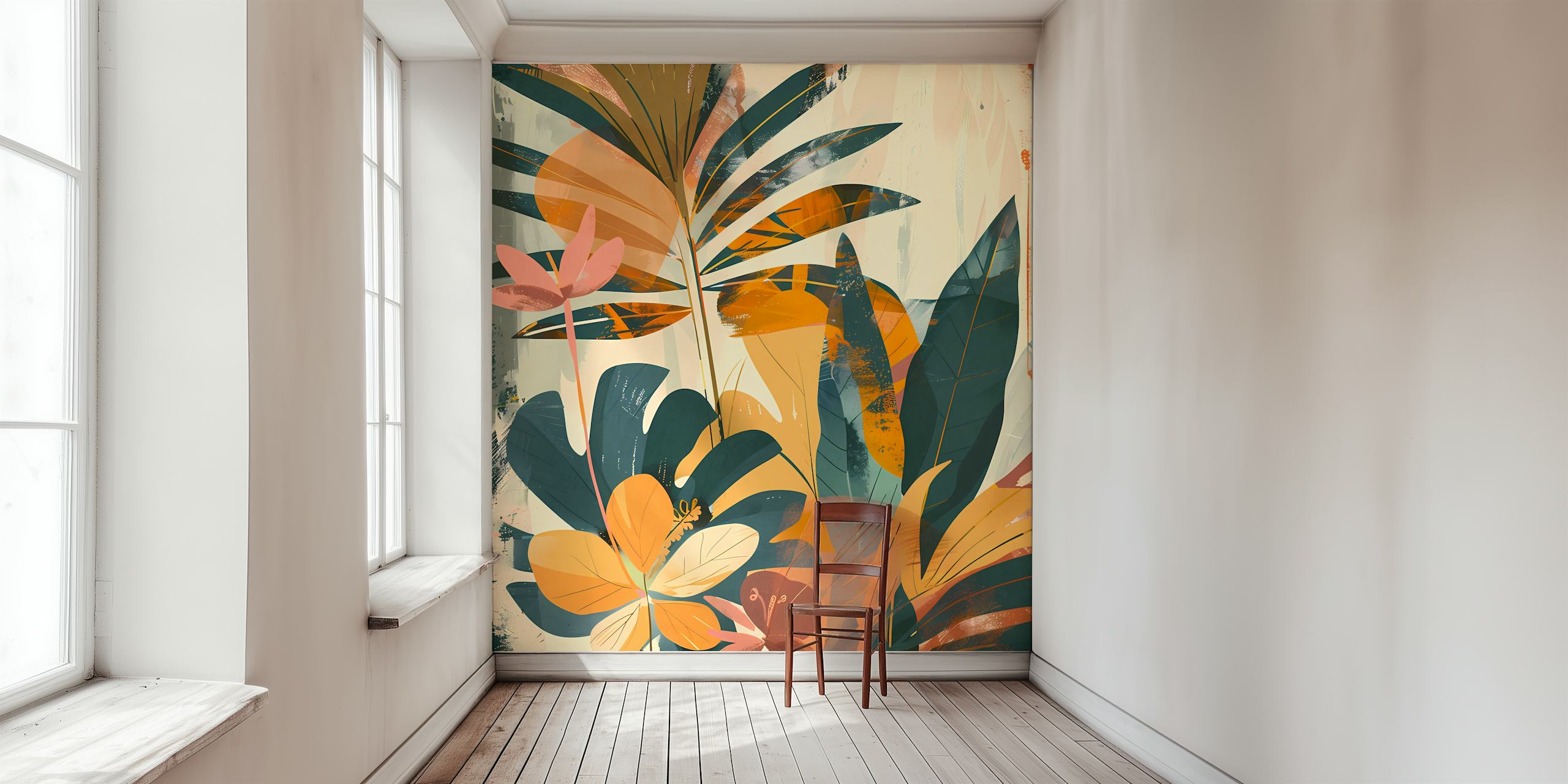 Barevná abstraktní nástěnná malba tropické zahrady s živými botanickými prvky
