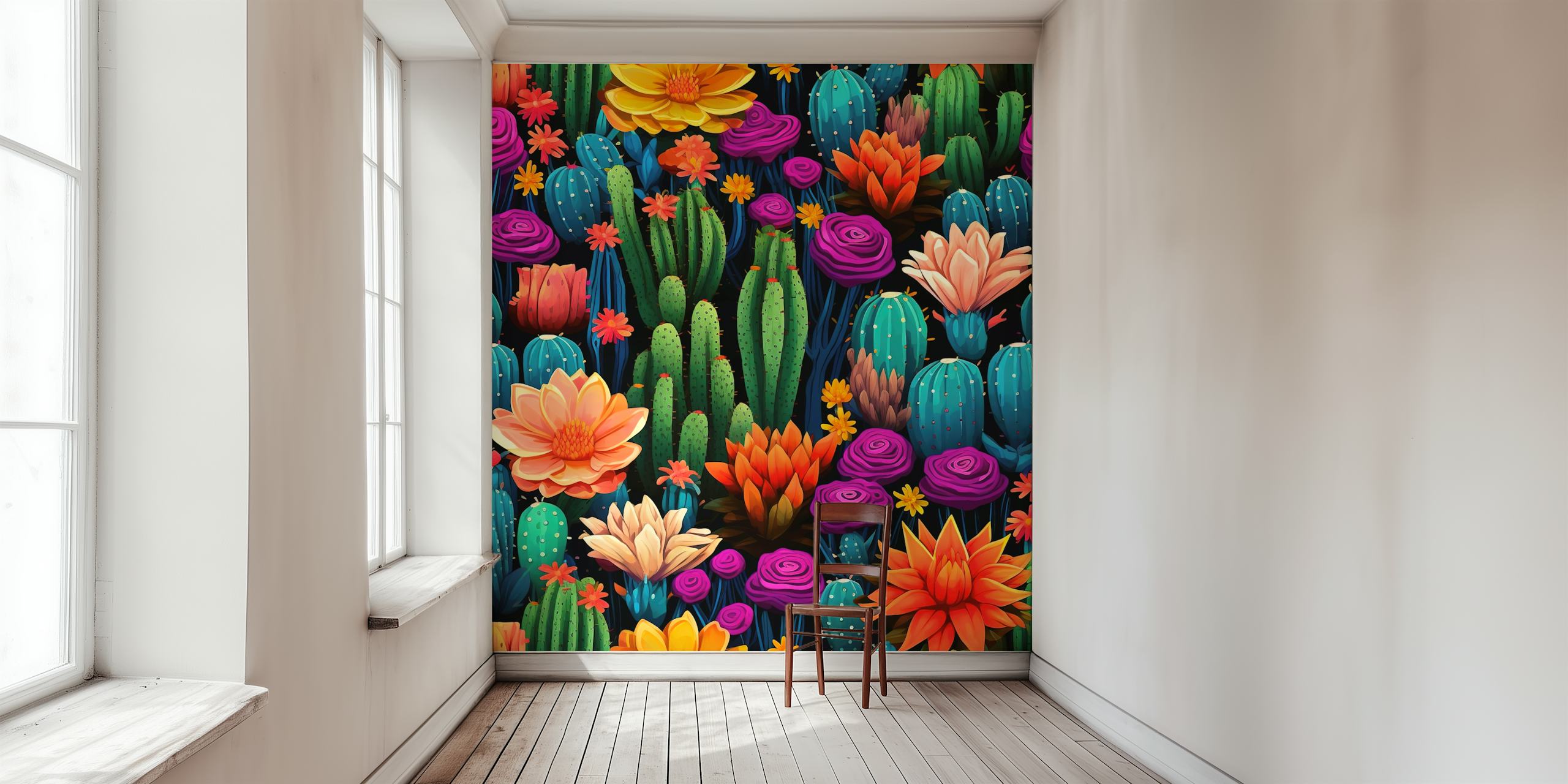 Colorful cacti and flowers wallpaper design