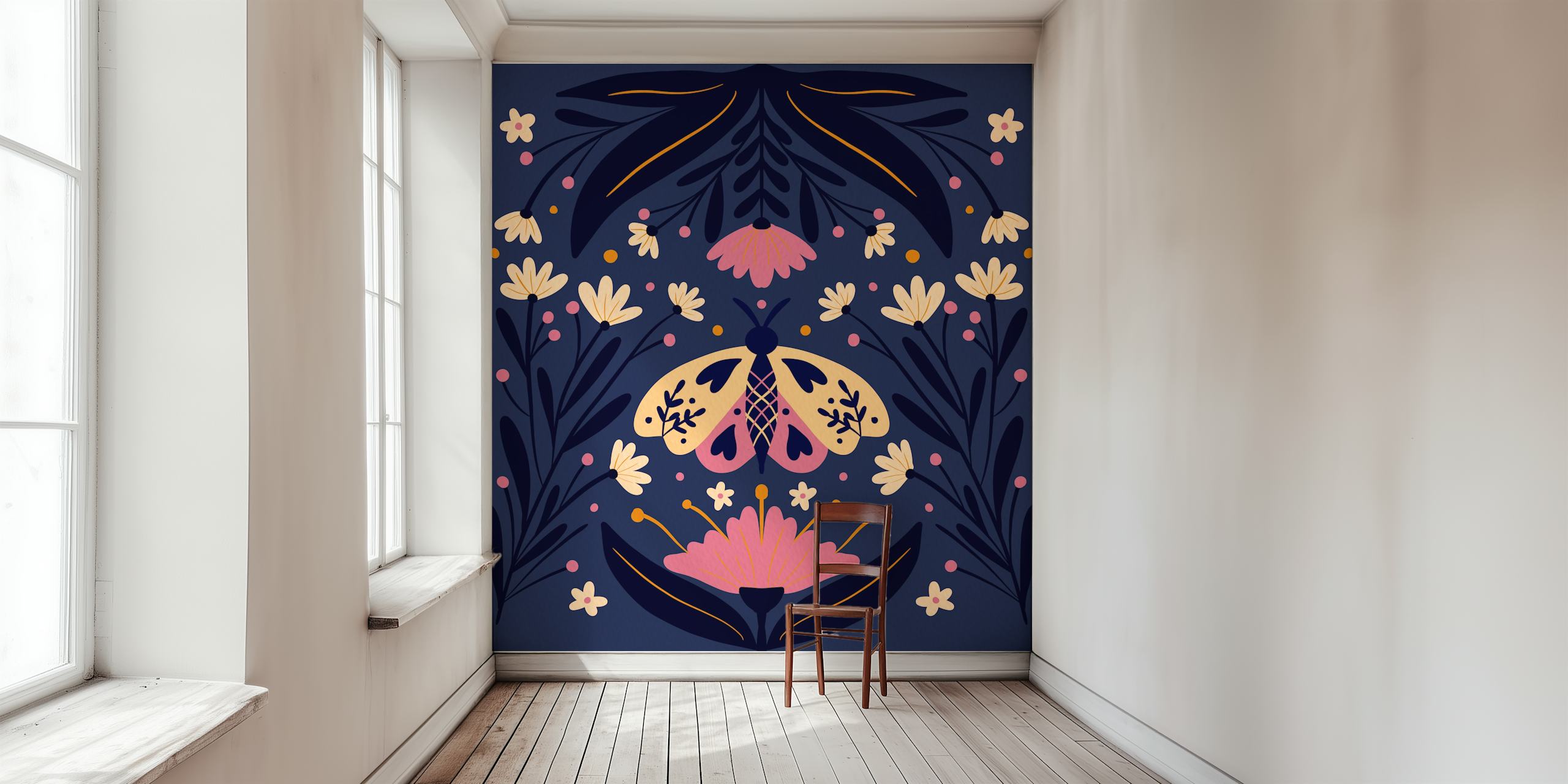 Folk Art Moth wallpaper koristeellisessa huoneessa