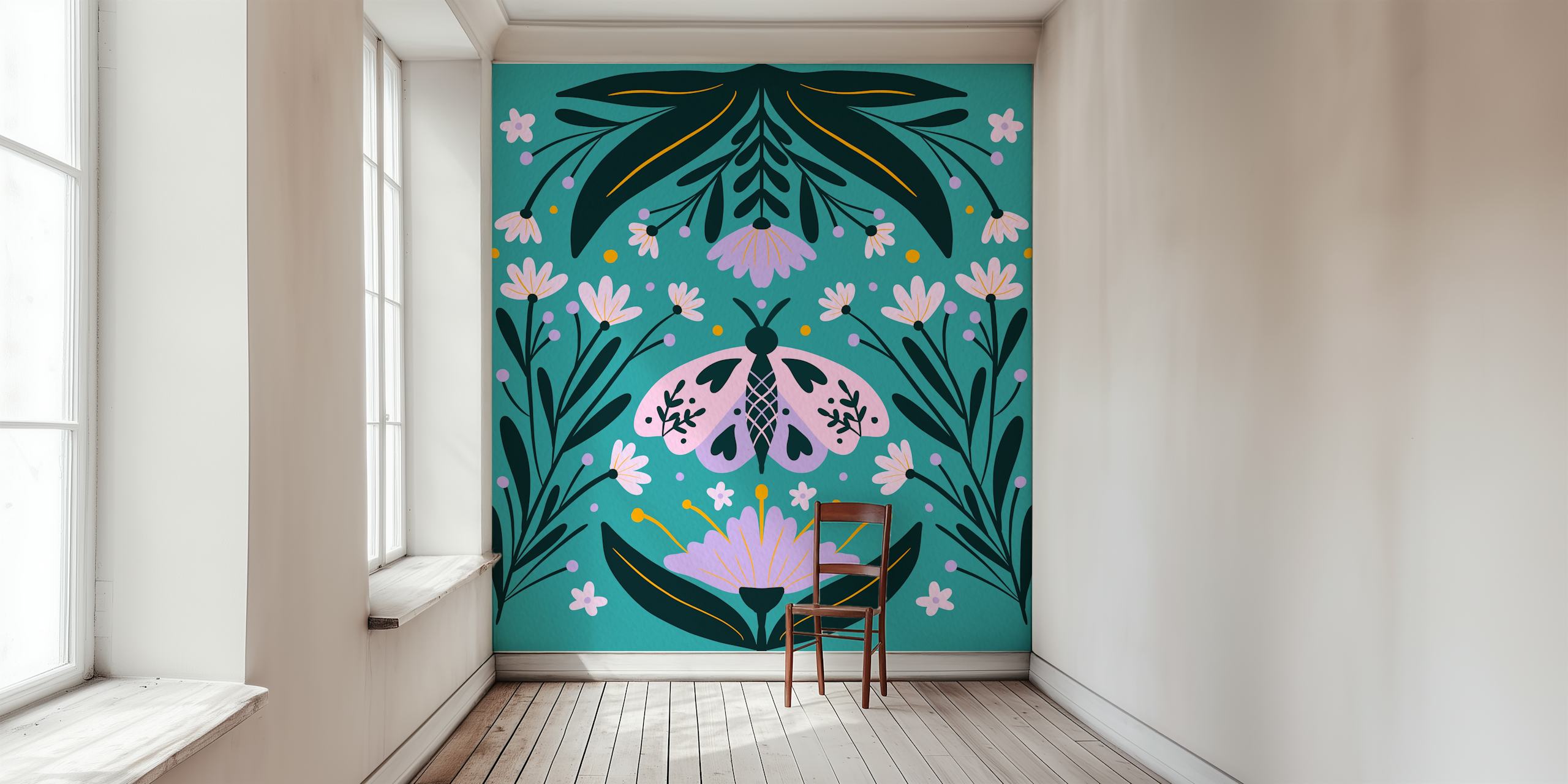Folk Art Moth wallpaper in a room setting