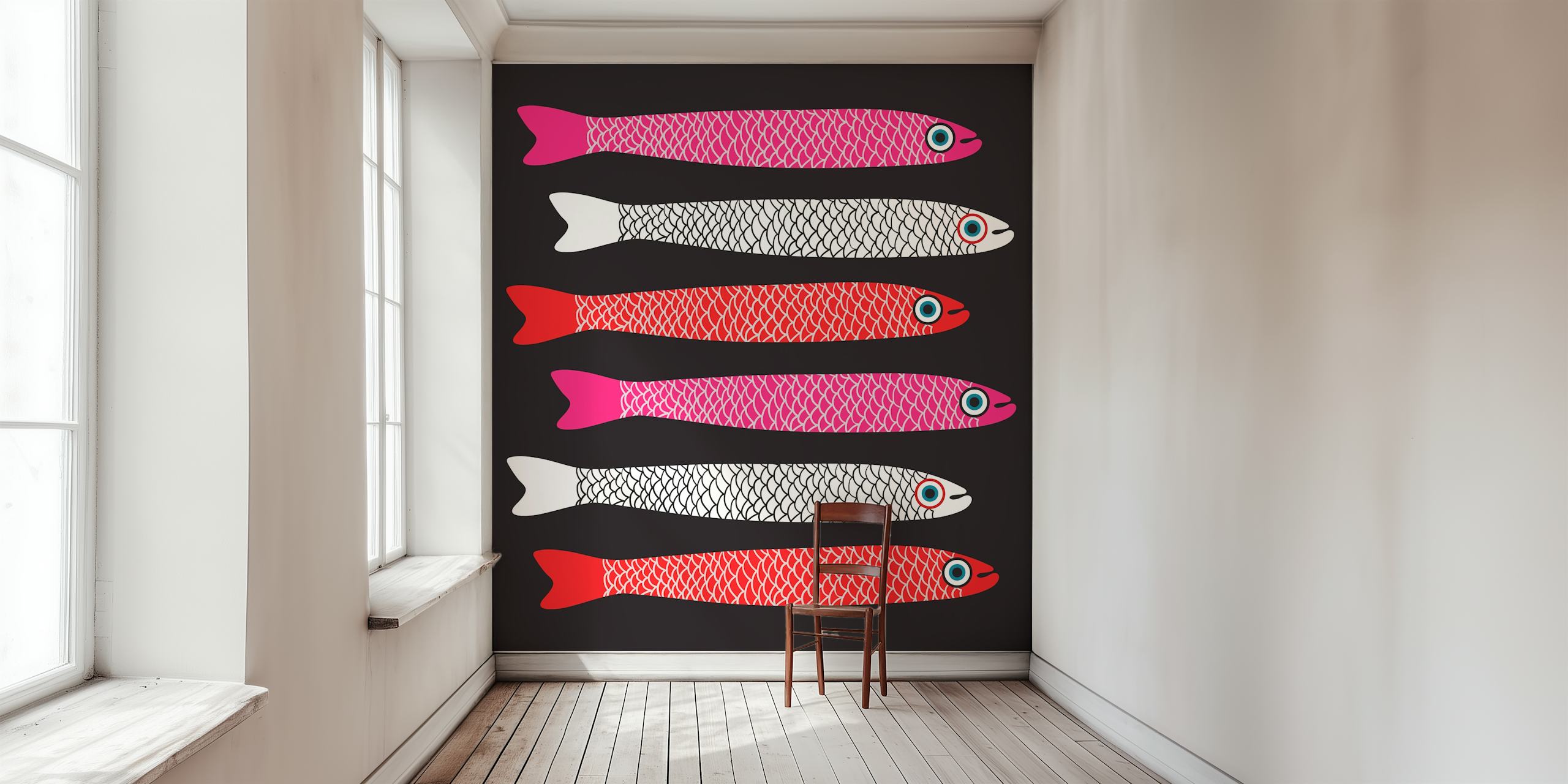 Colorful retro fish pattern in pink, red, and white on black background wallpaper