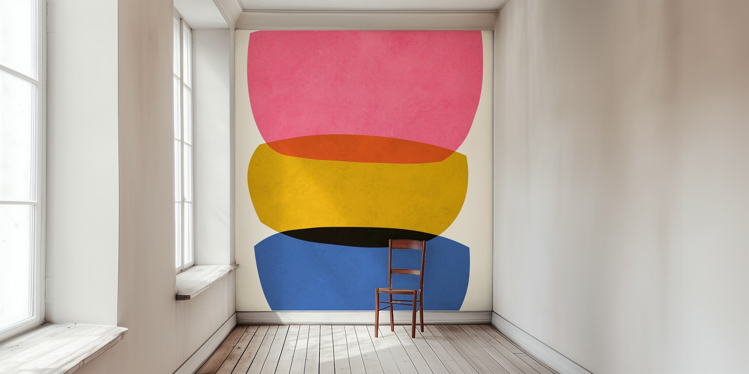 Colorful abstract shapes in pink, orange, yellow, and blue wallpaper