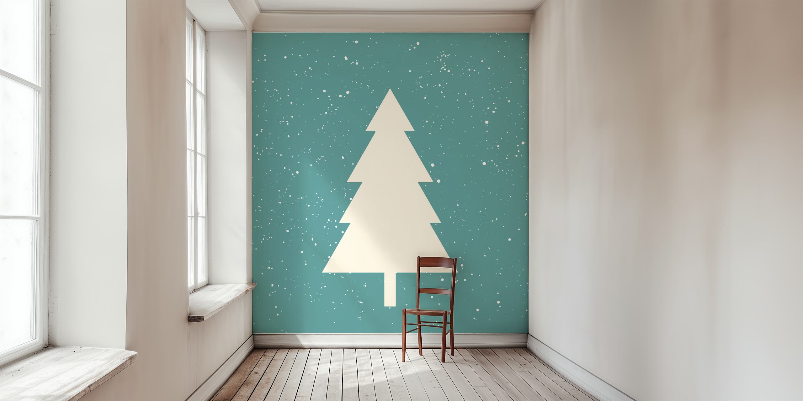 Fototapeten Stilisierter weißer Weihnachtsbaum auf einem mit Schneeflocken gesprenkelten blauen Hintergrund