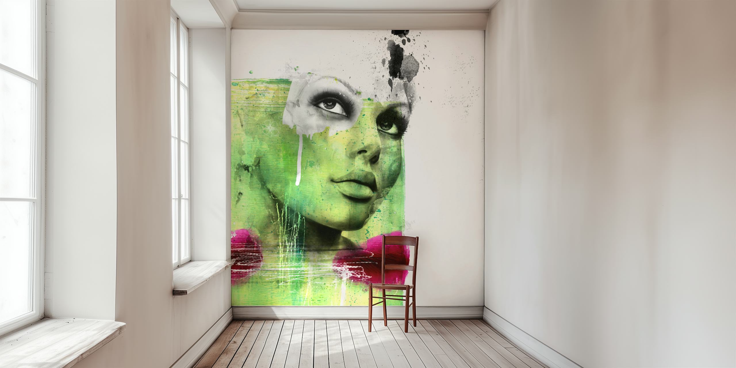 Green Flash Female Portrait wall mural with abstract design and vivid colors