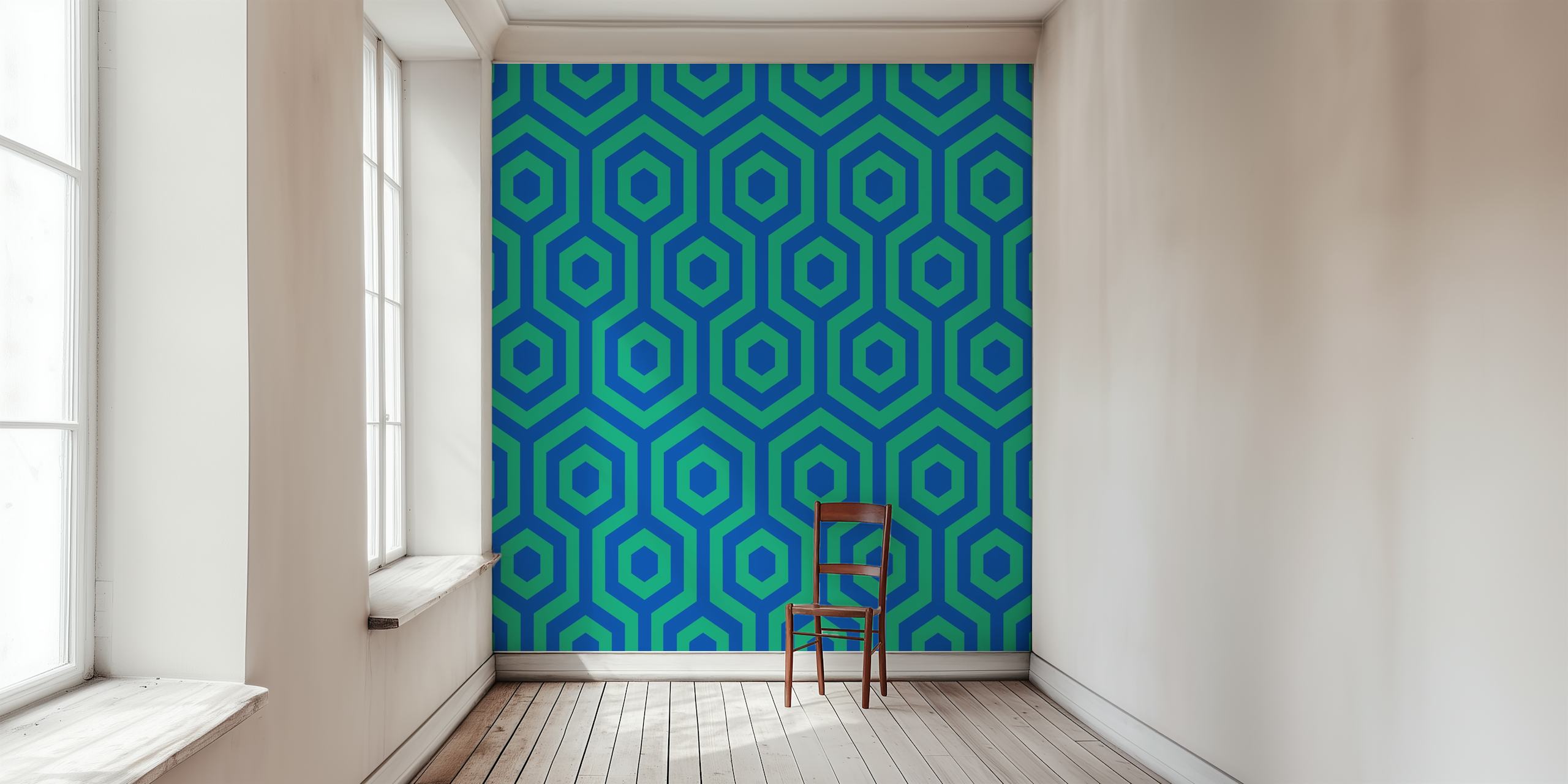 Geometrische bijenkorfpatroon muurschildering in blauw en groen