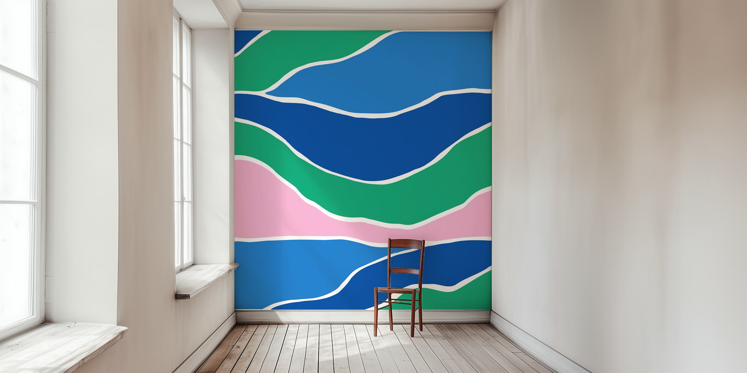 Blå Grønn Rosa Abstrakt Mønster tapet med bølgete design for et moderne og livlig utseende