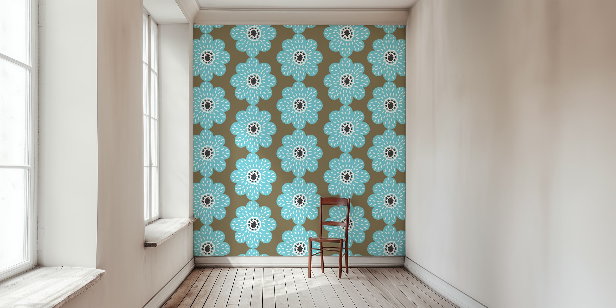 Coffee Brown Sea Foam Floral Art τοιχογραφία με συμμετρικό λουλουδάτο μοτίβο σε μπλε και καφέ αποχρώσεις.