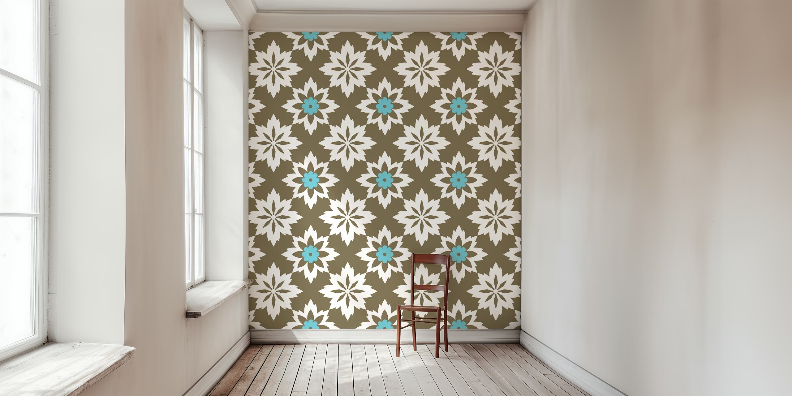 Moorish-inspired floral ornament wall mural in brown and teal blue