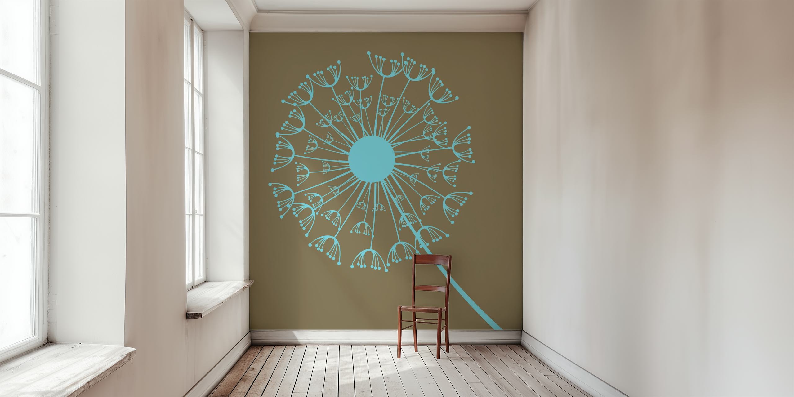 Cyan dandelion flower pattern on coffee brown wallpaper