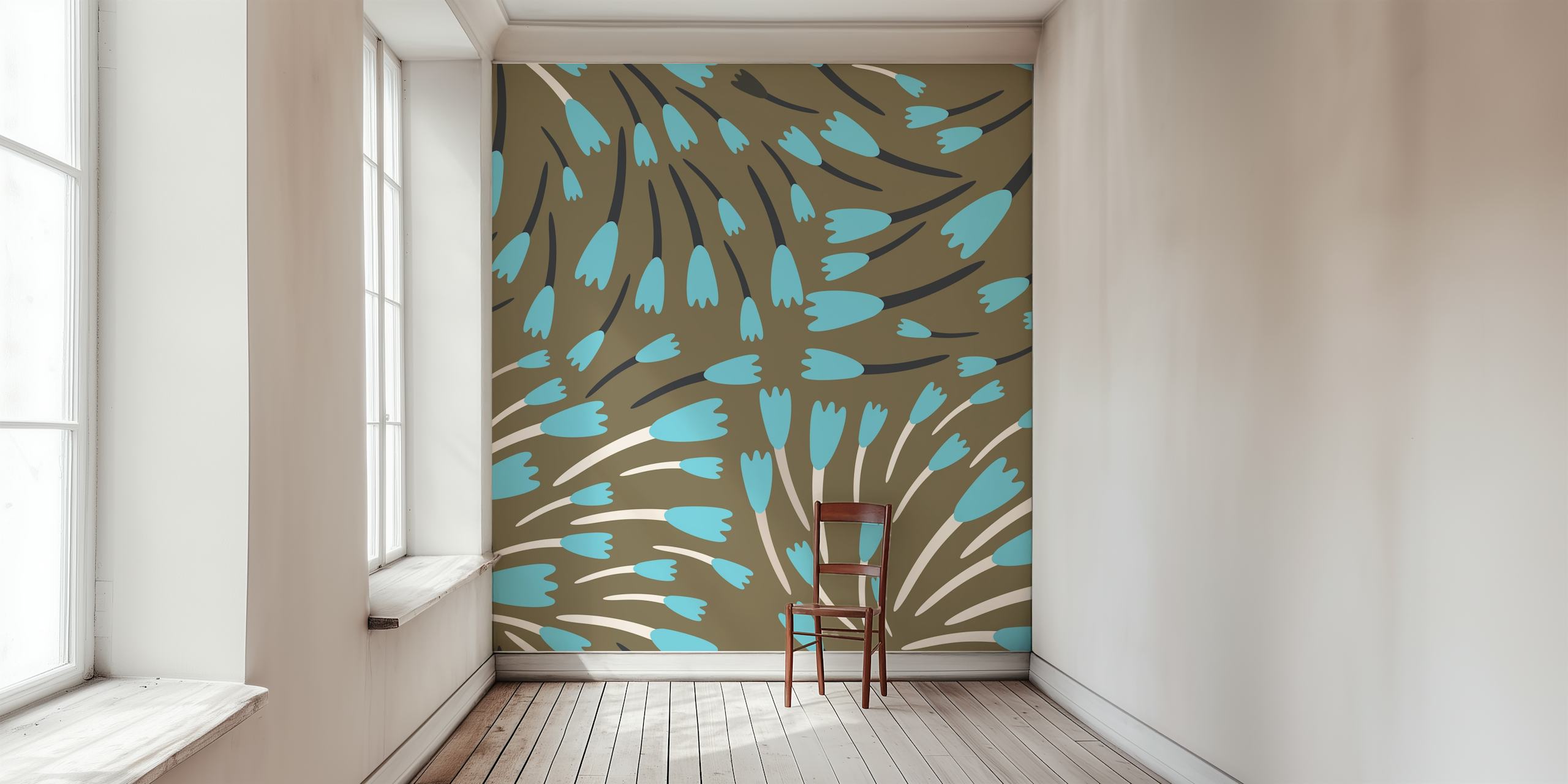 Stylized aqua blue tulips pattern on a grey background wall mural design