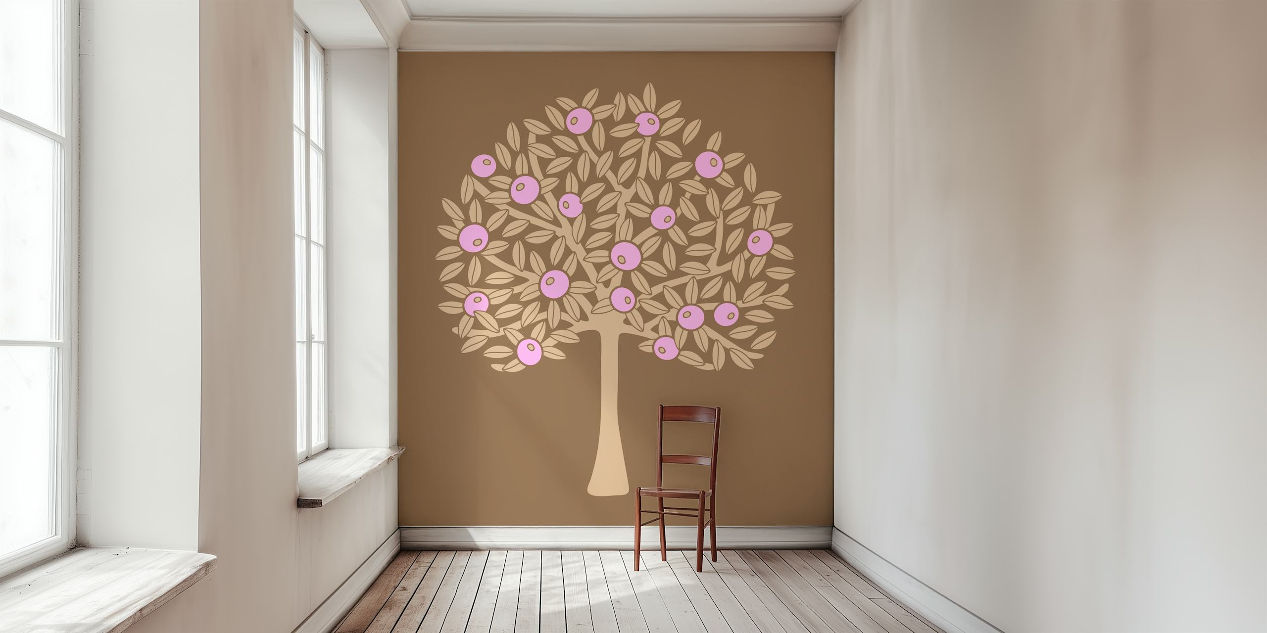 Stilisert rosa og brunt frukttre veggmaleri fra happywall.com
