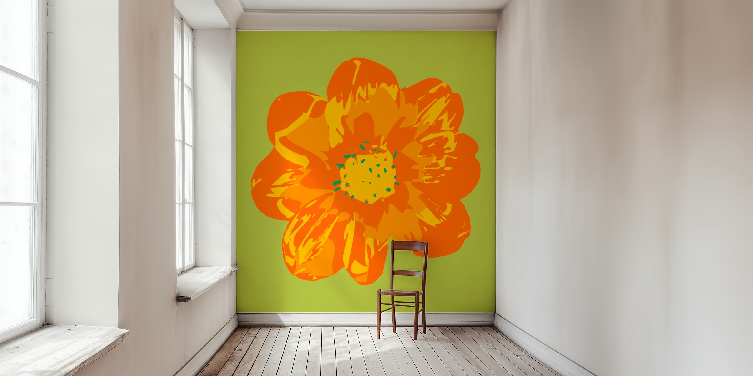 Large orange flower on green background wallpaper