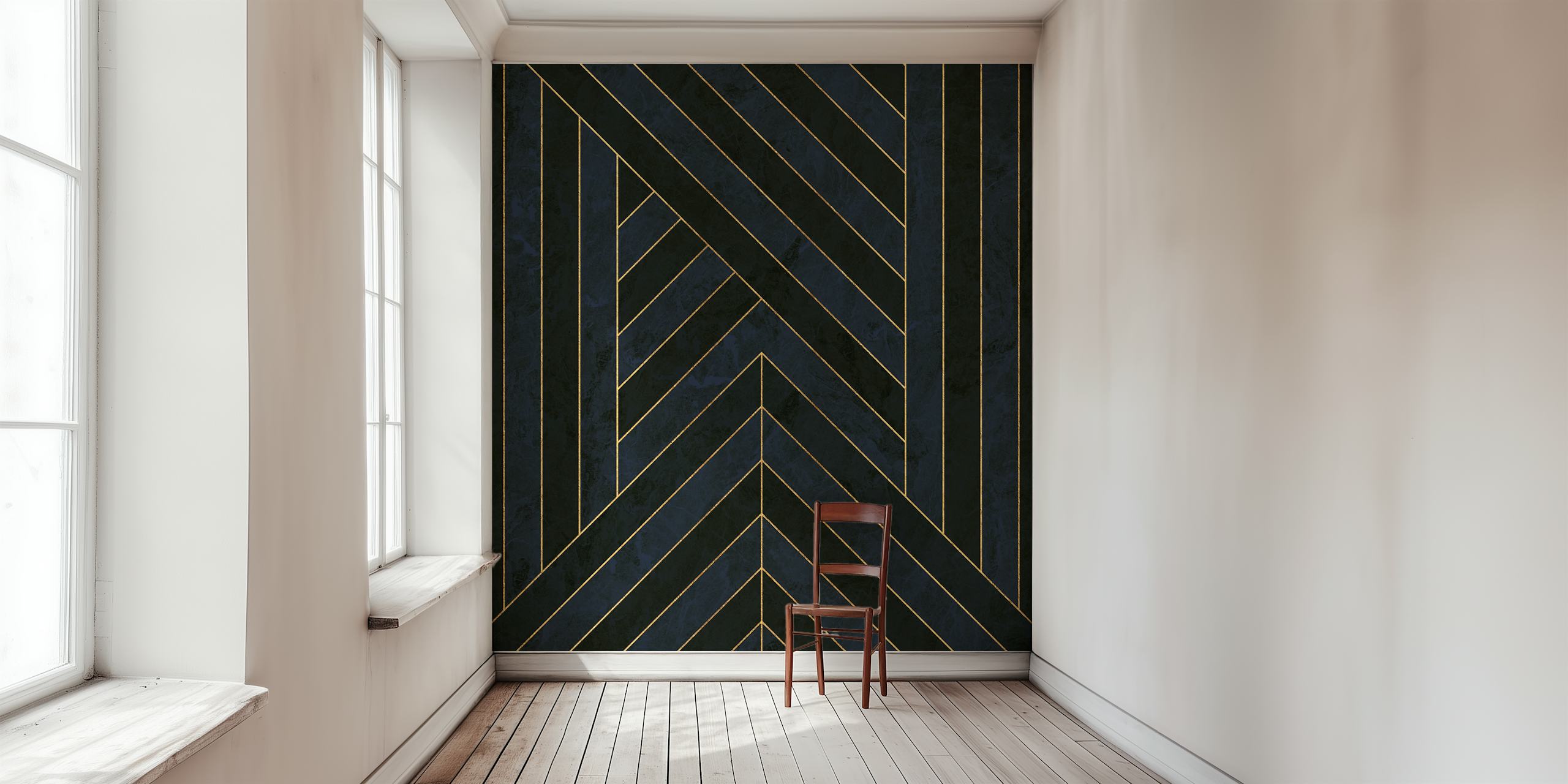 Wandtapete mit Linienkunst-Mosaik in Marineblau und Gold mit geometrischem Design