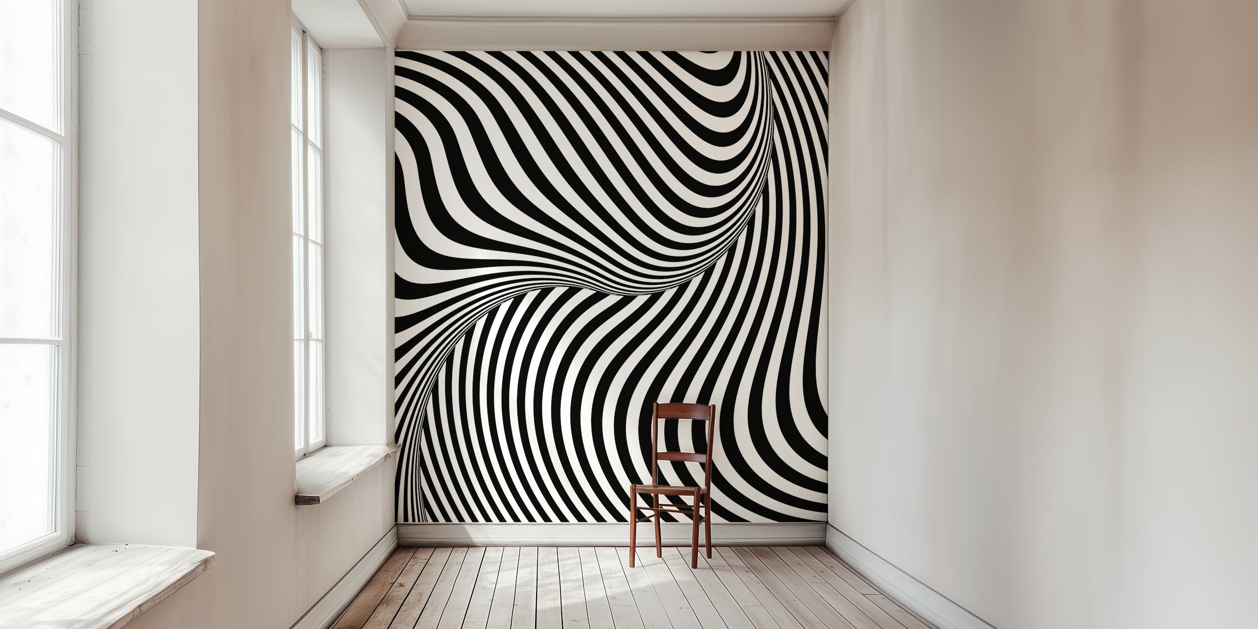 Monochrome op-art wall mural with hypnotic black and white curves