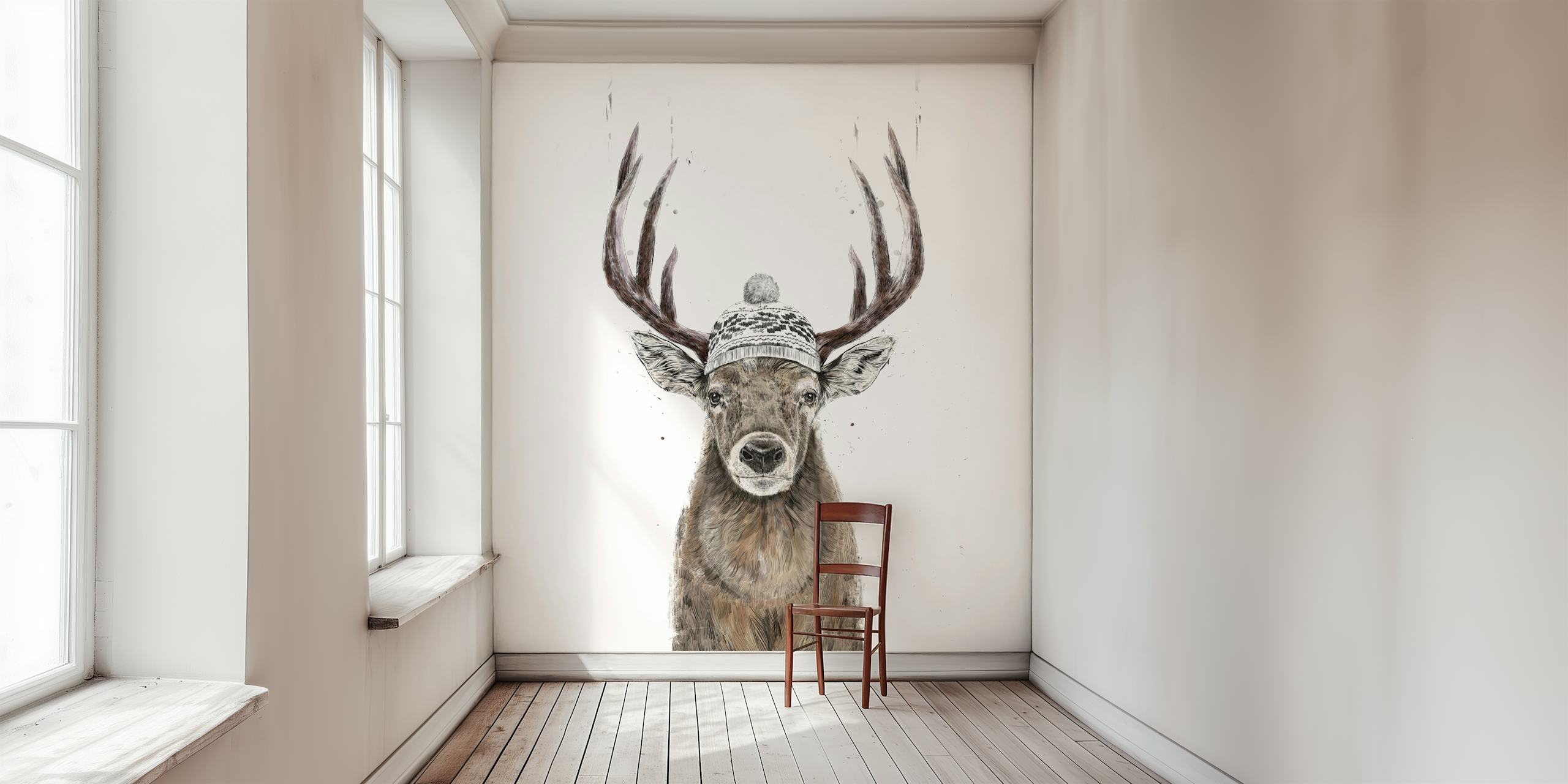 Artistic illustration of a deer wearing a knitted hat, neutral tones wallpaper