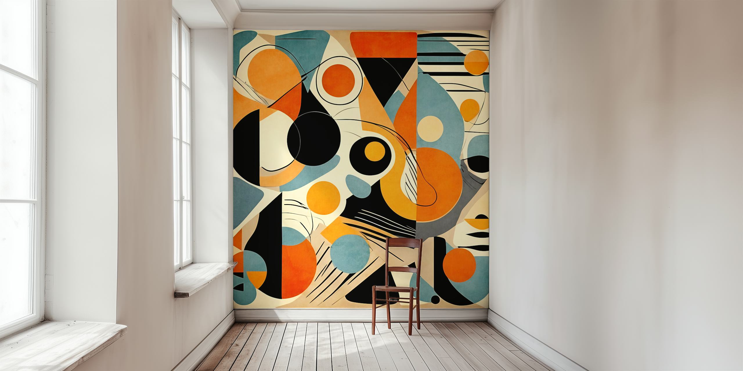 Abstract geometric wall mural with a mix of orange, blue, black, and cream colors