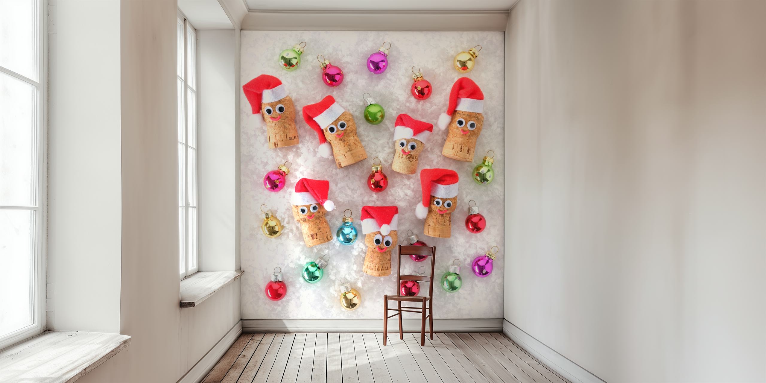 Divertente murale natalizio con tappi di sughero decorati con cappelli di Babbo Natale e palline colorate su uno sfondo innevato