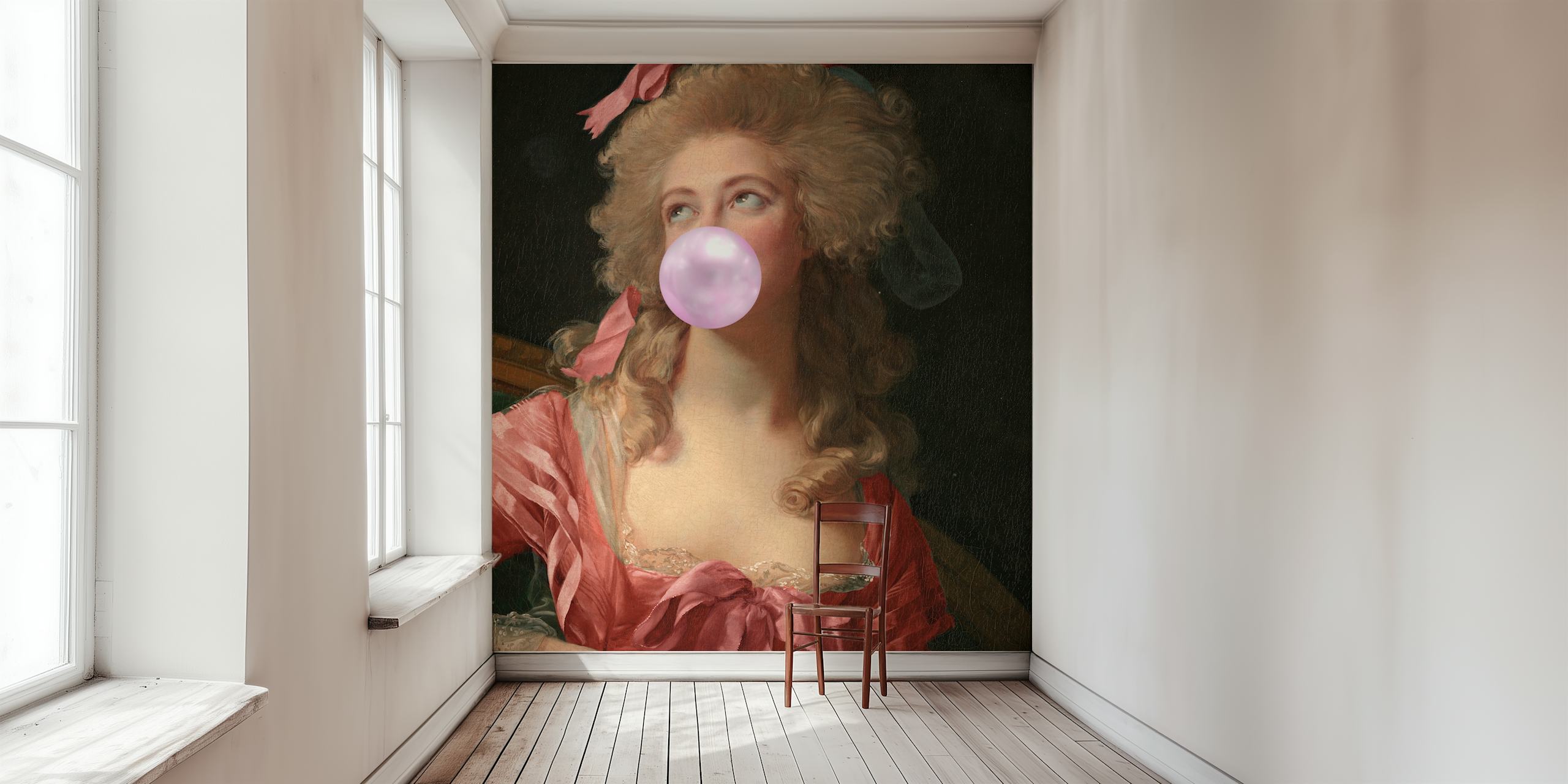 Classic portrait with pink bubble gum, vintage style wallpaper
