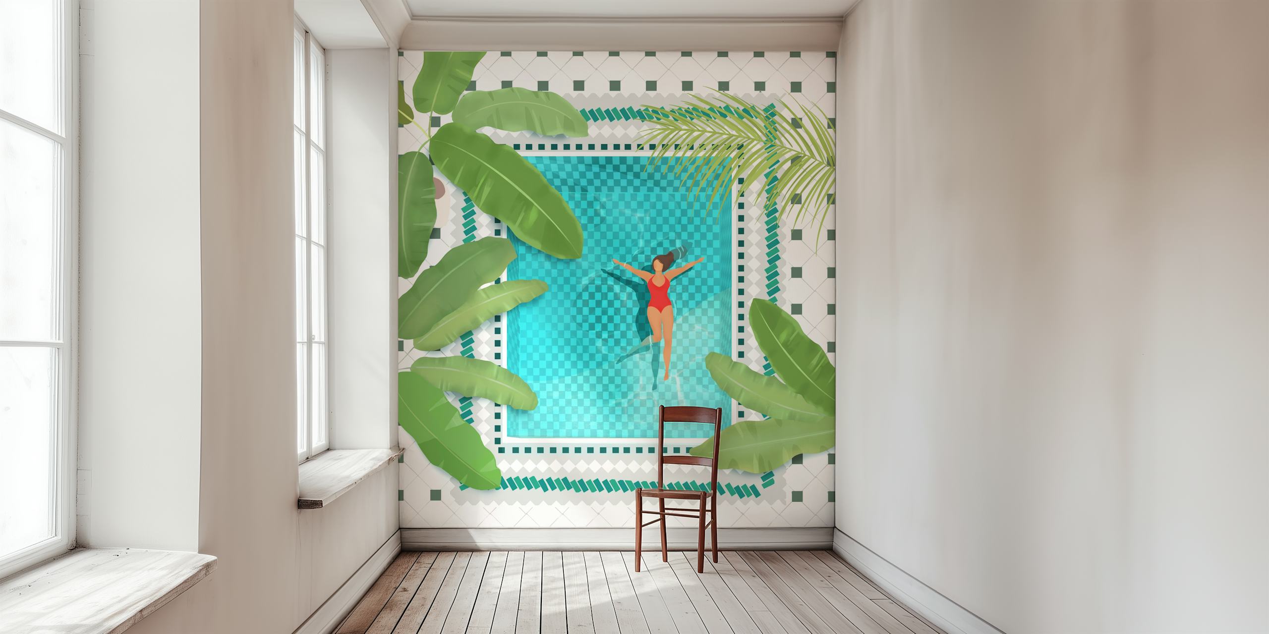 Illustration of a relaxing pool scene with a swimmer and tropical foliage in a Riad Pool wall mural
